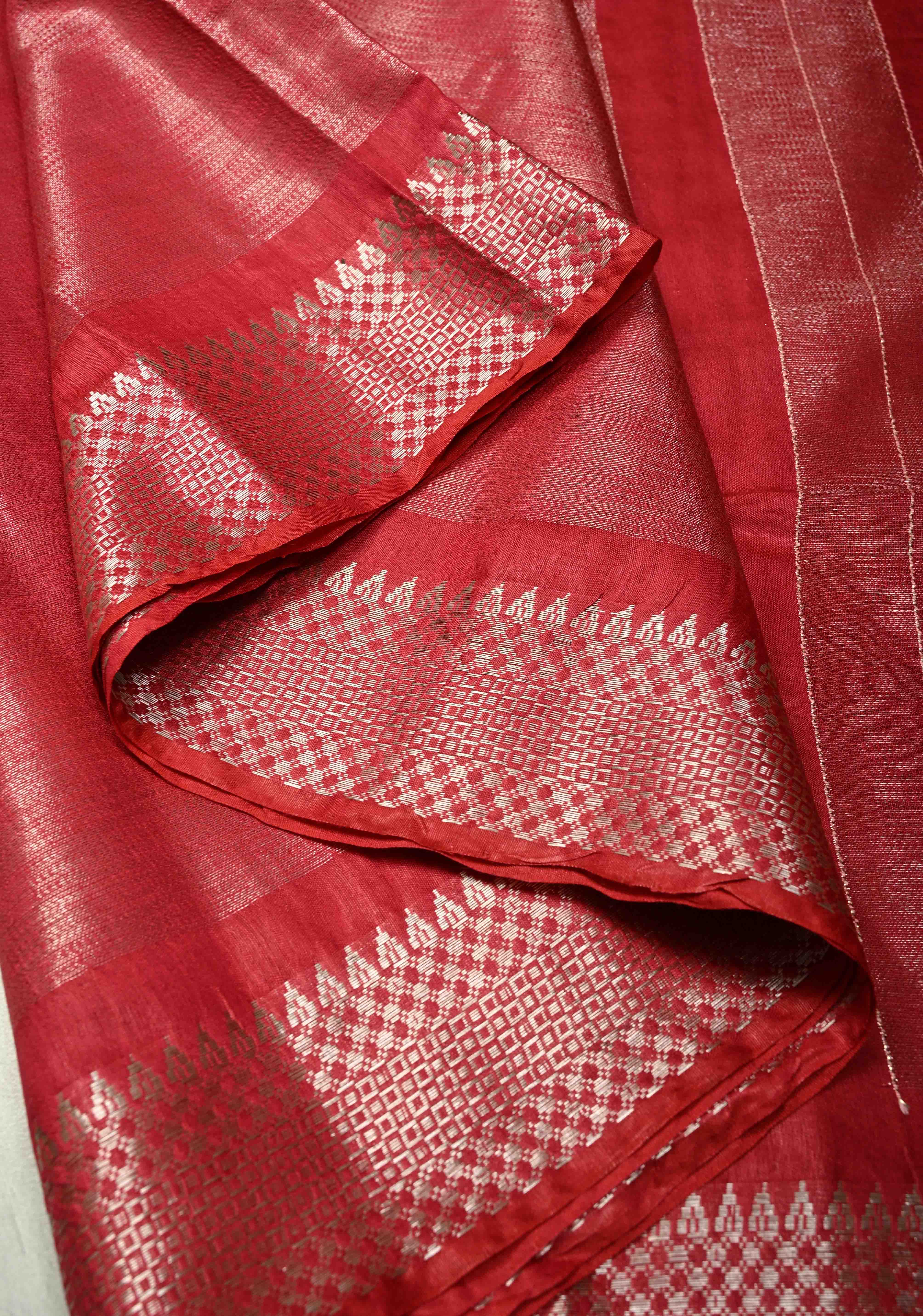 Raspberry Semi Tussar Tissue Saree with Zari Border | Shobitam