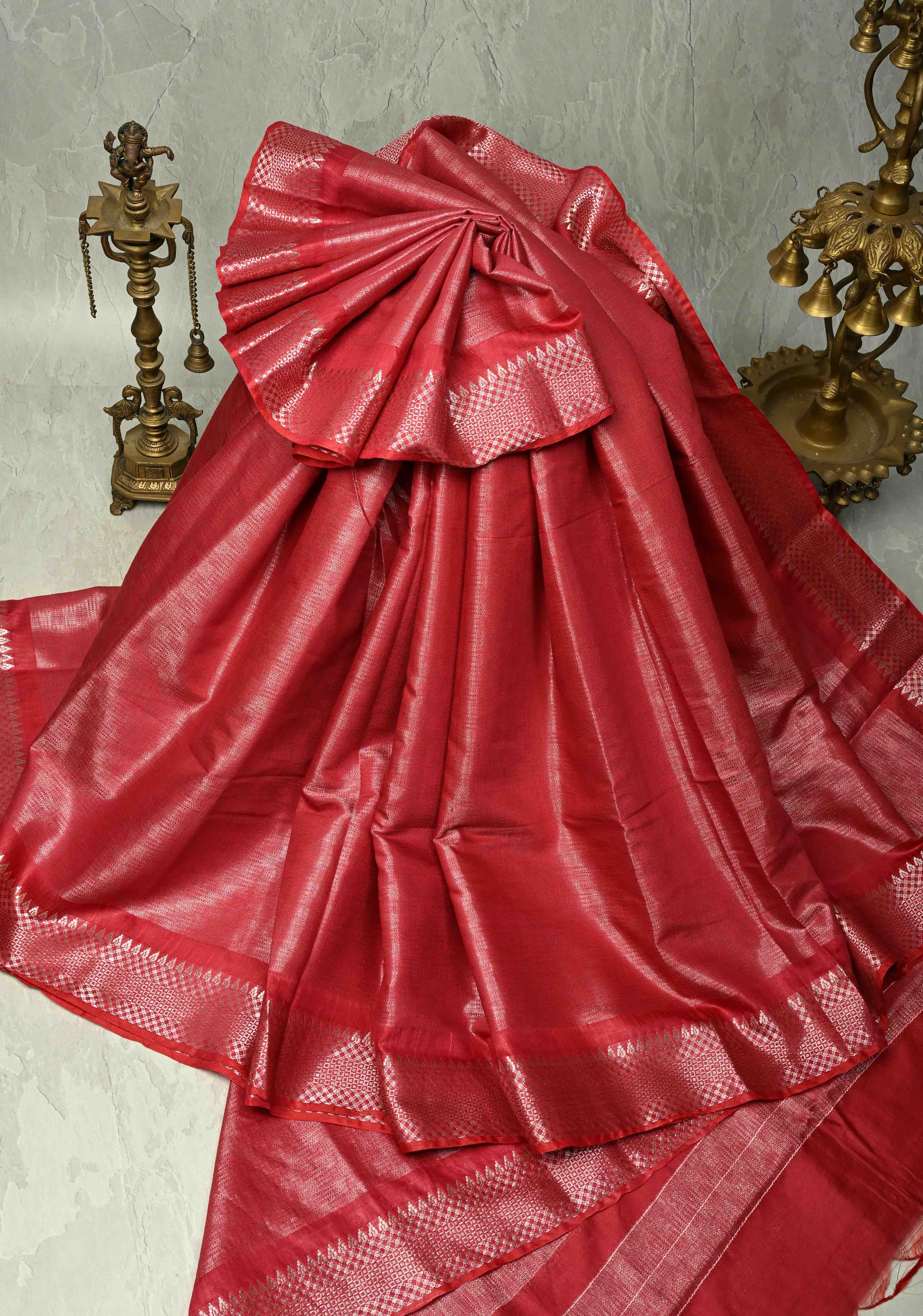 Raspberry Semi Tussar Tissue Saree with Zari Border | Shobitam