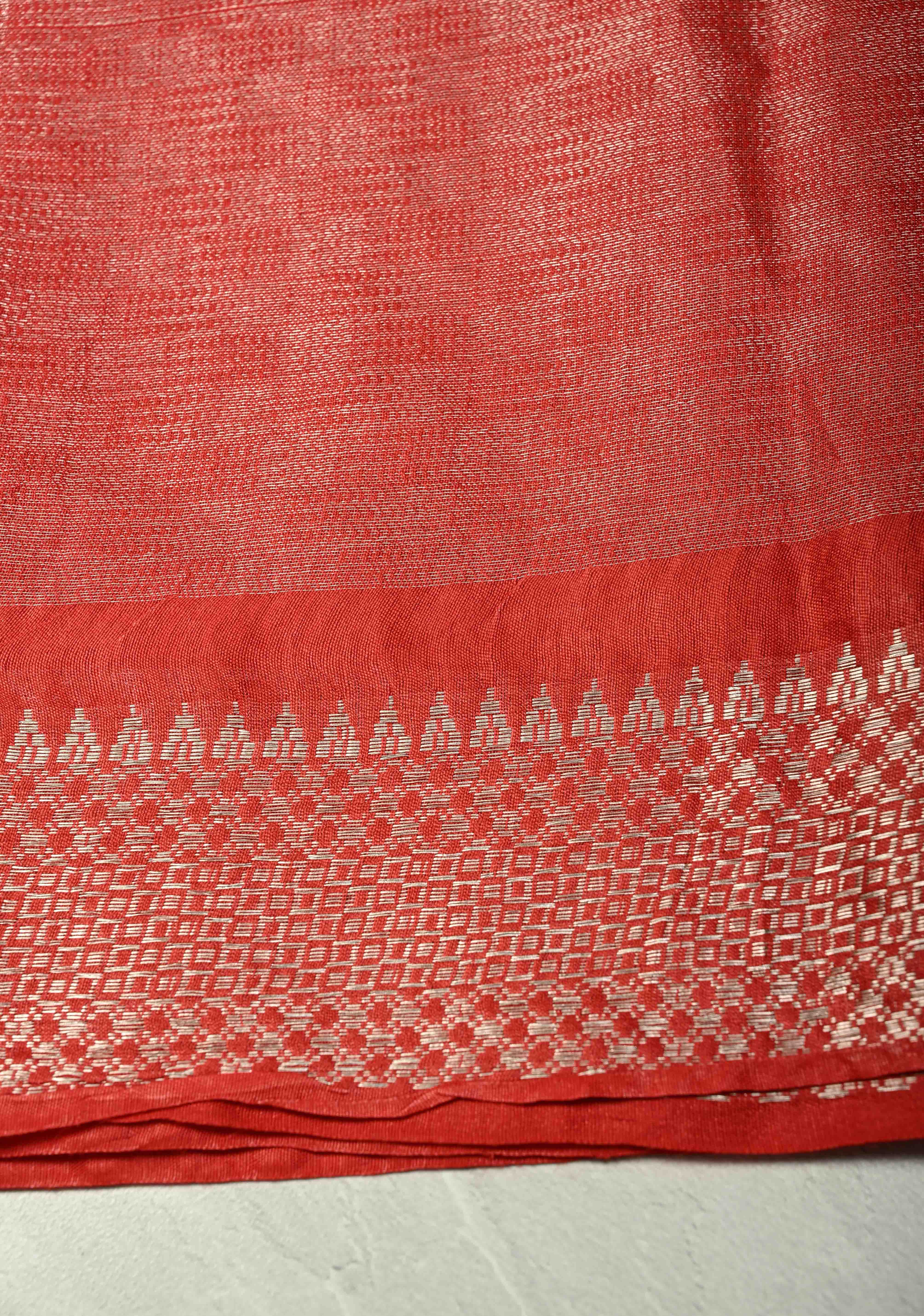 Red Semi Tussar Tissue Saree with Temple Silver Zari Border | Shobitam