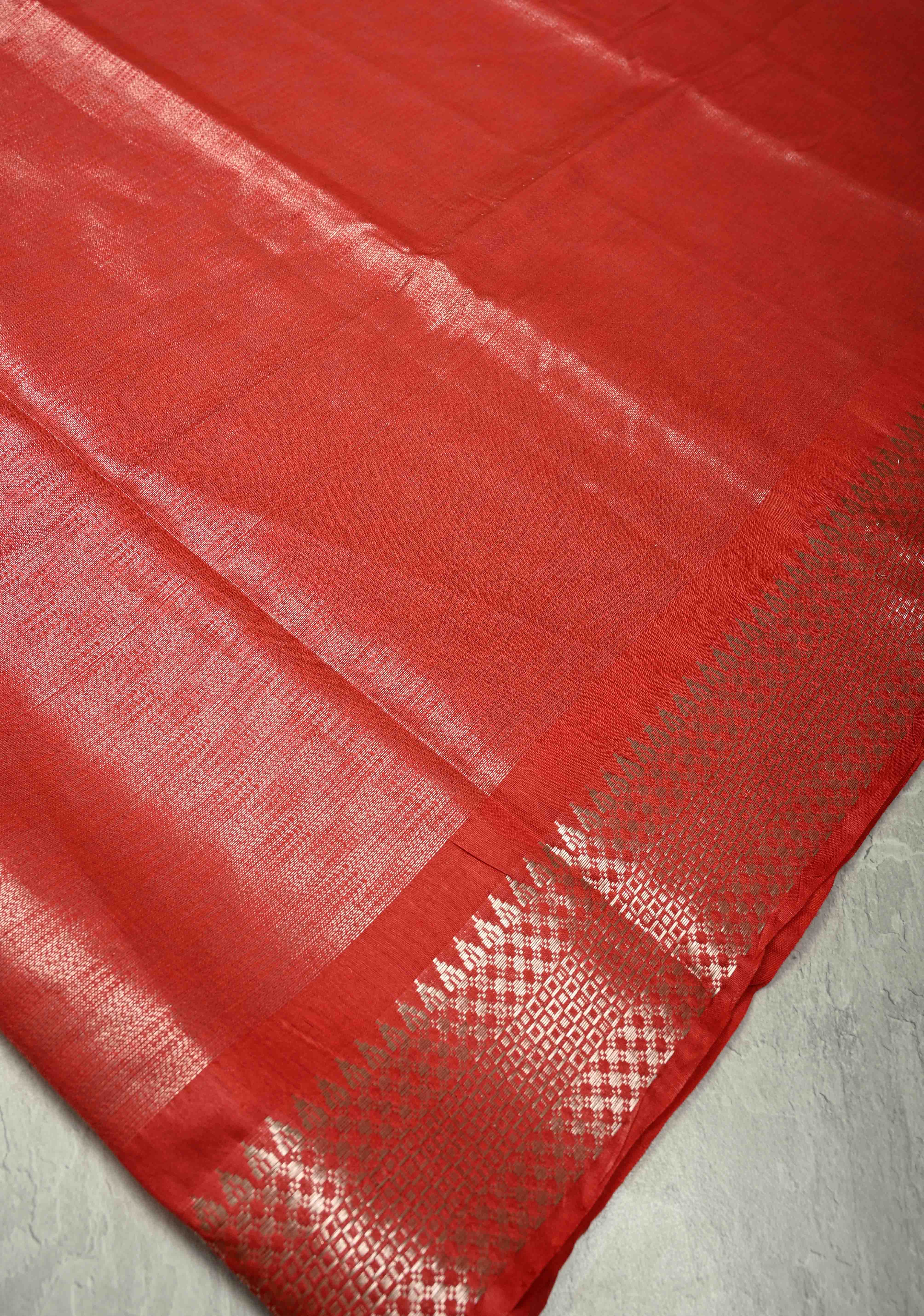 Red Semi Tussar Tissue Saree with Temple Silver Zari Border | Shobitam