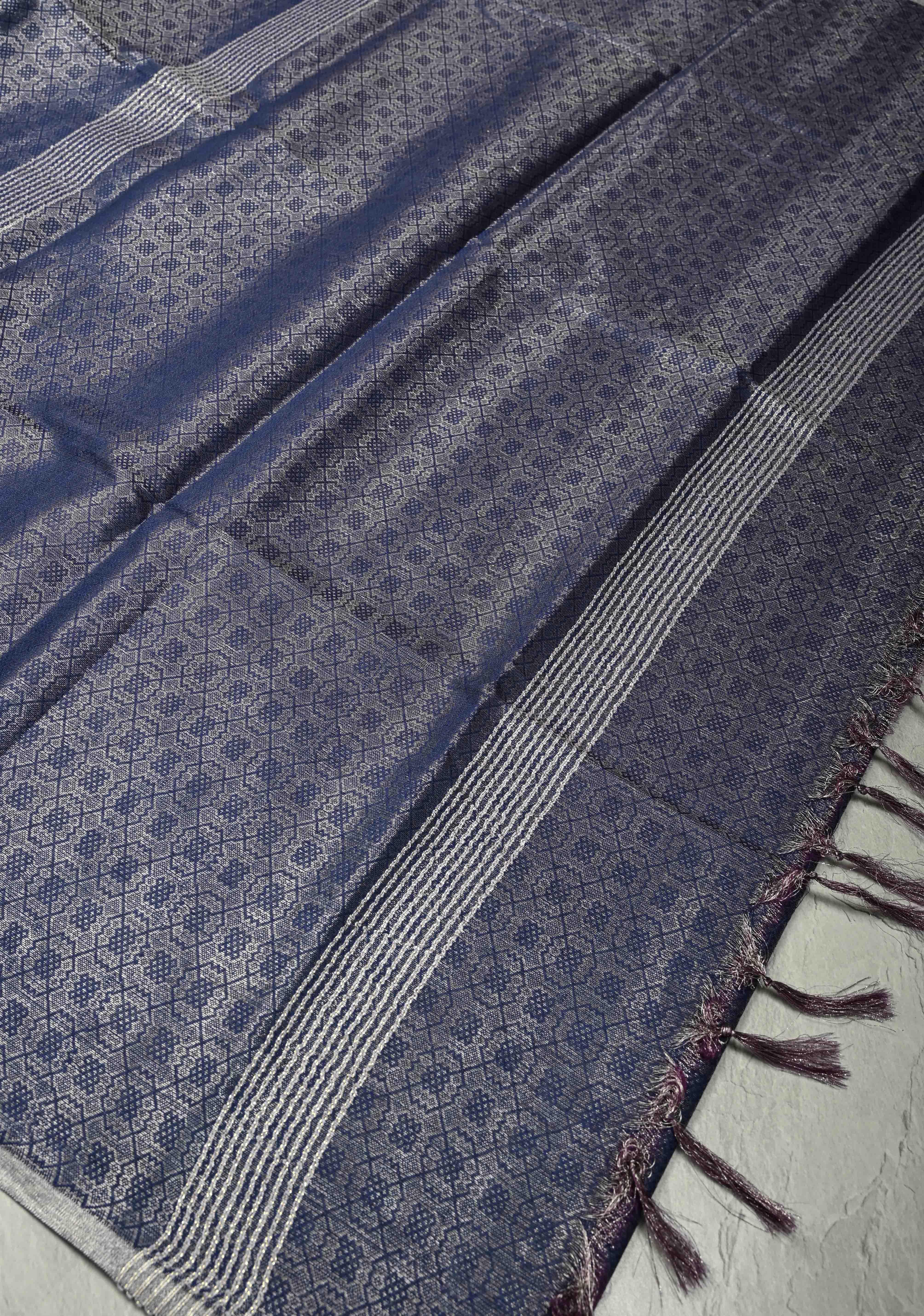 Royal Blue Semi Tussar Saree with Zari Brocade and Minimal Silver Zari Border | Shobitam