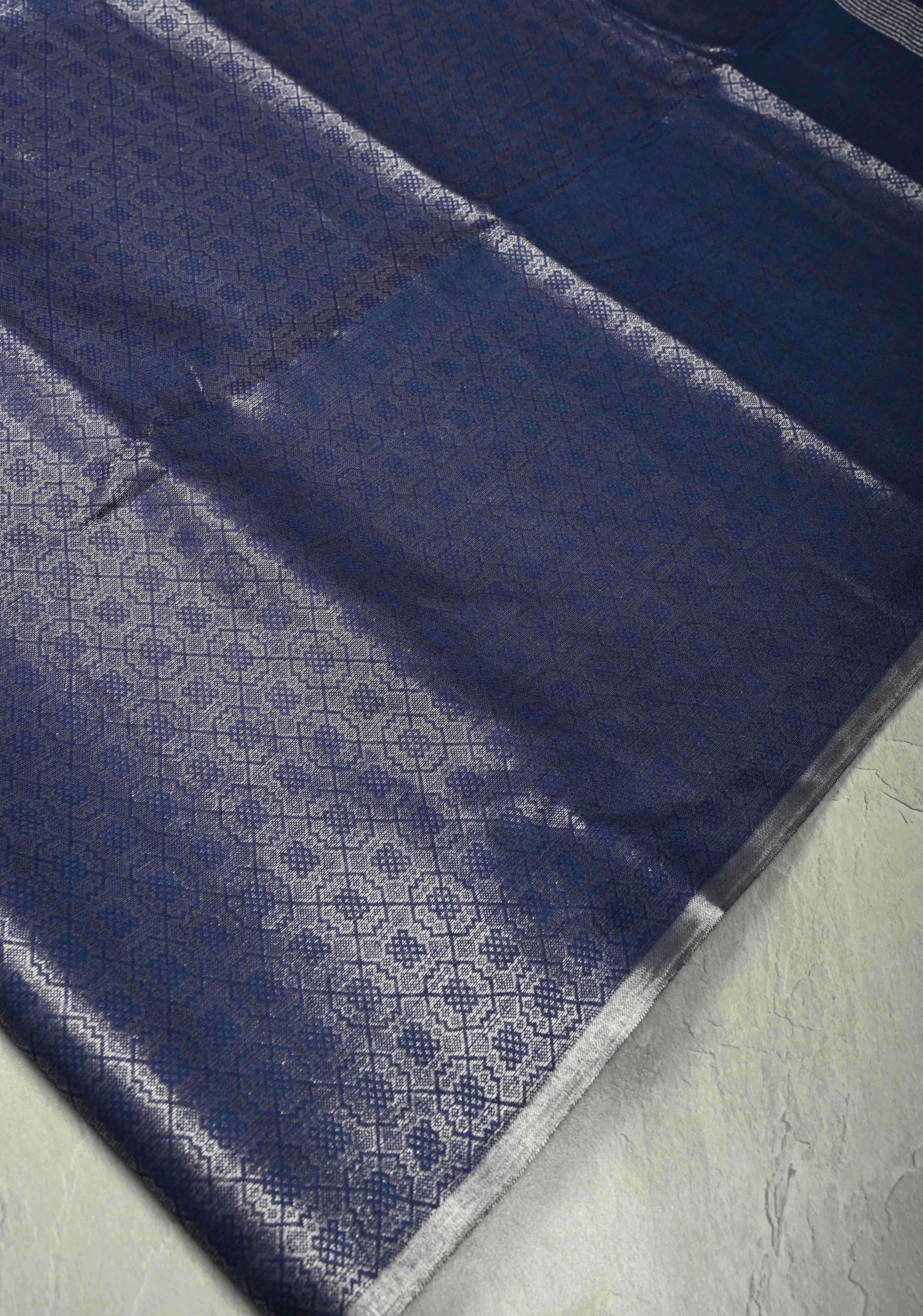 Royal Blue Semi Tussar Saree with Zari Brocade and Minimal Silver Zari Border | Shobitam