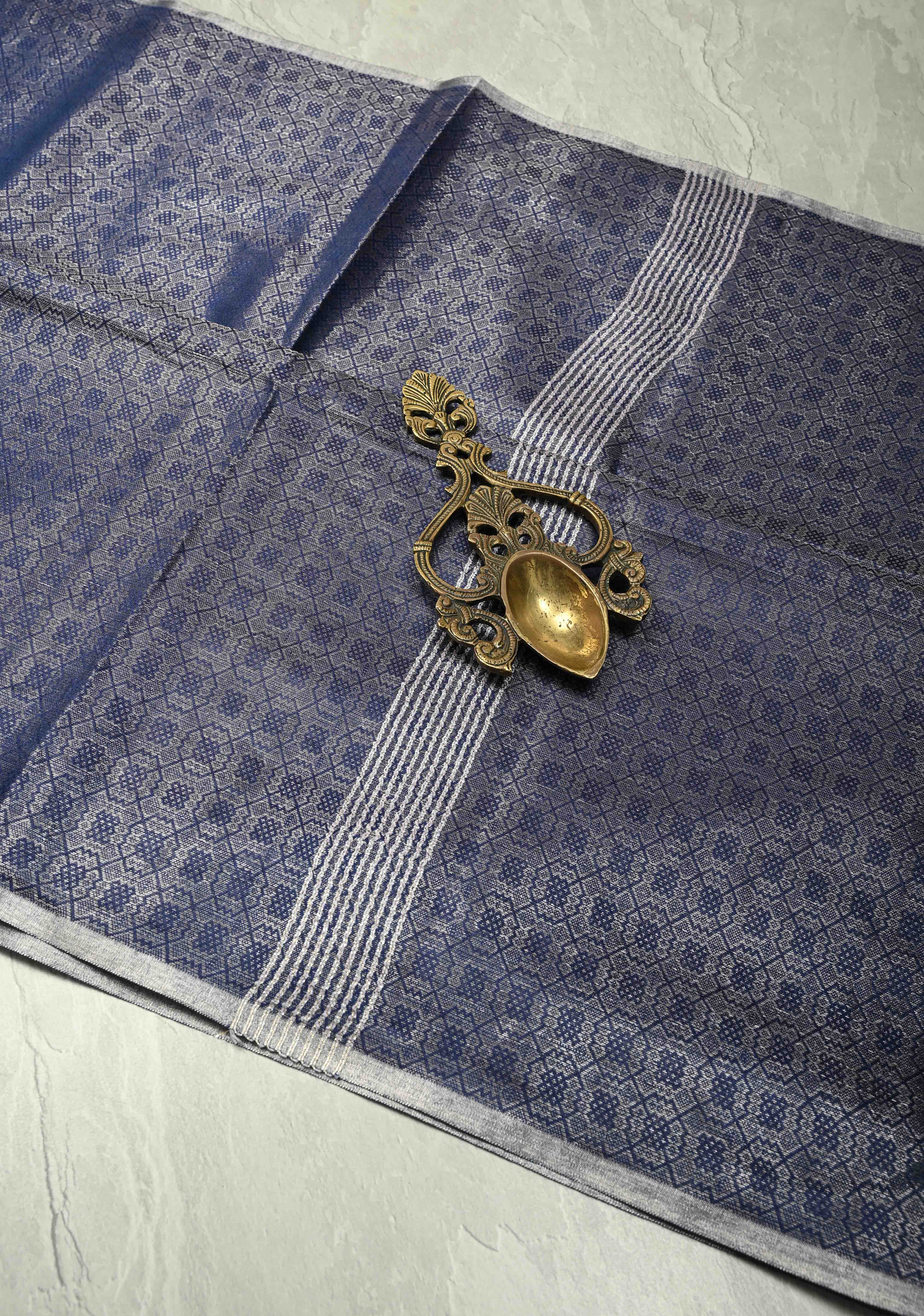 Royal Blue Semi Tussar Saree with Zari Brocade and Minimal Silver Zari Border | Shobitam