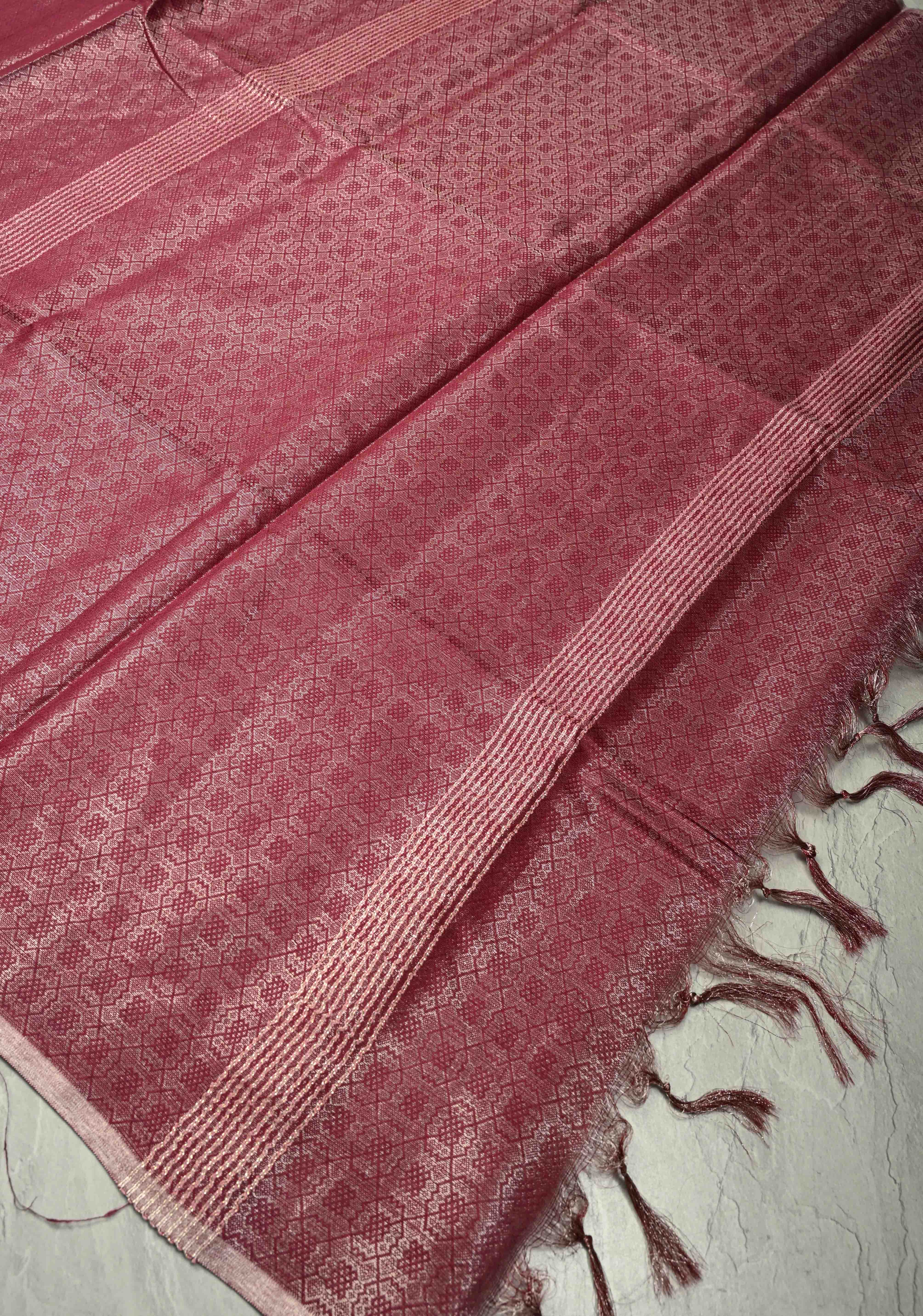 Dark Magenta Semi Tussar Saree with Zari Brocade and Minimal Silver Zari Border | Shobitam