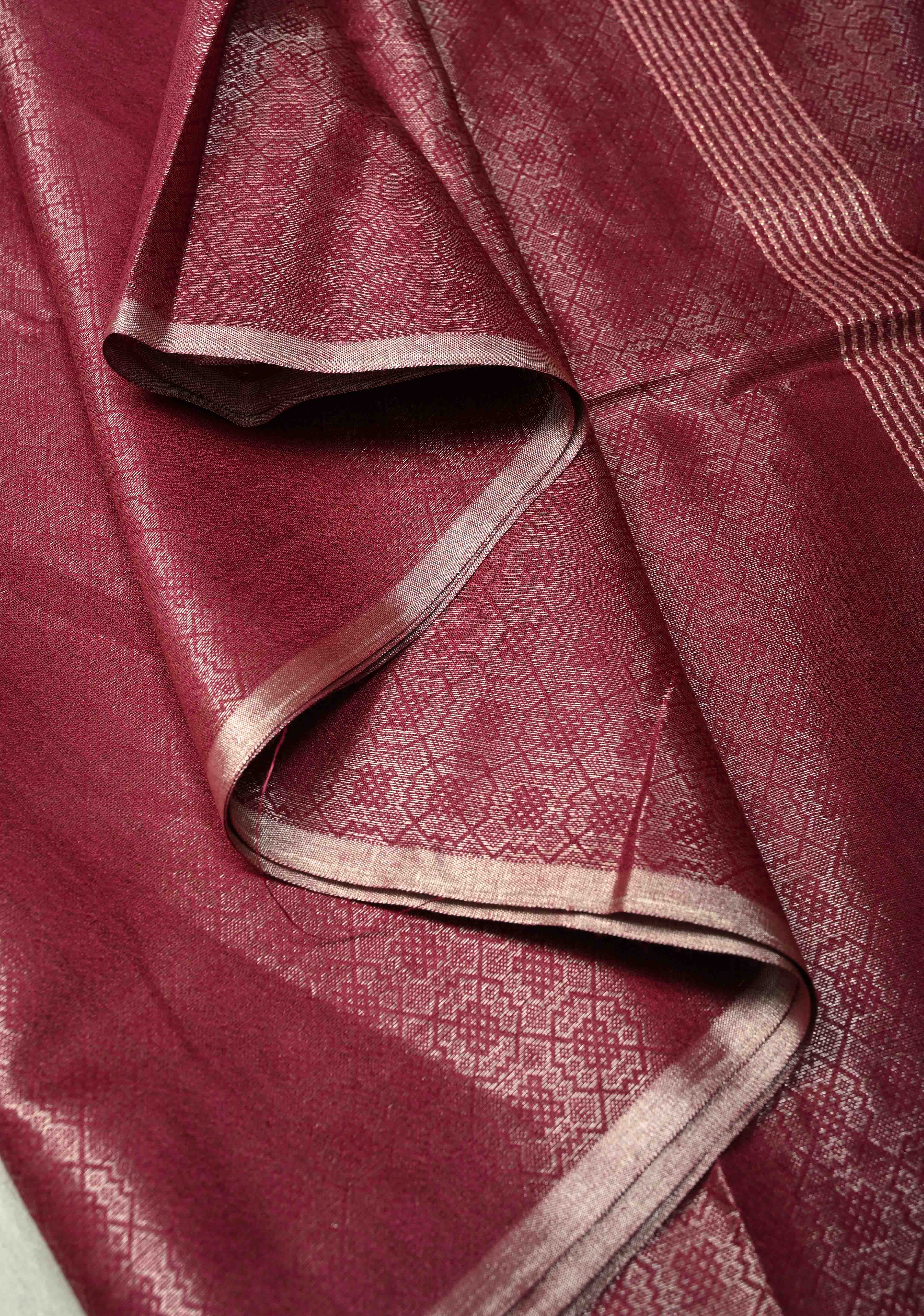 Dark Magenta Semi Tussar Saree with Zari Brocade and Minimal Silver Zari Border | Shobitam