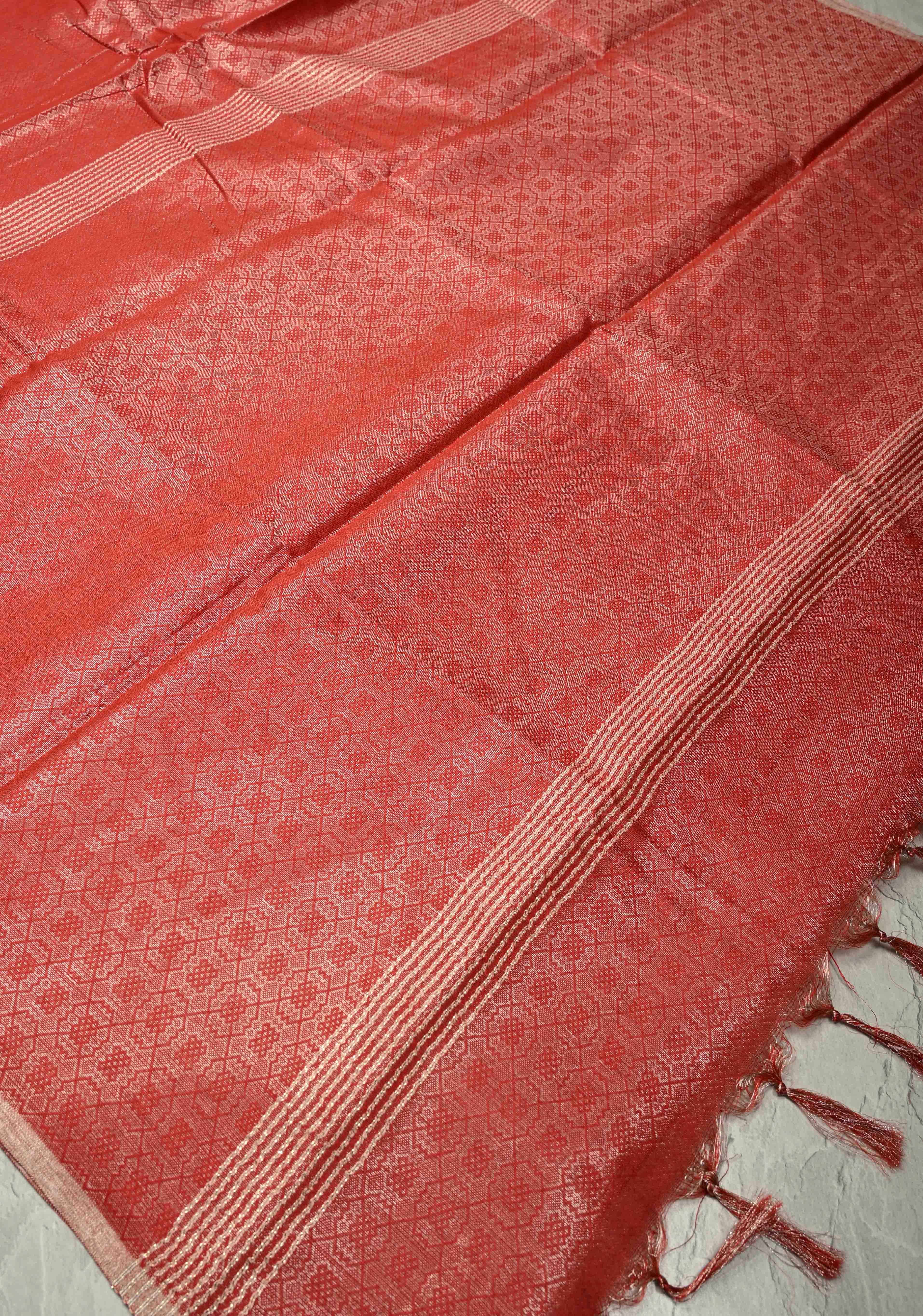 Scarlet Red Semi Tussar Saree with Zari Brocade and Minimal Silver Zari Border | Shobitam