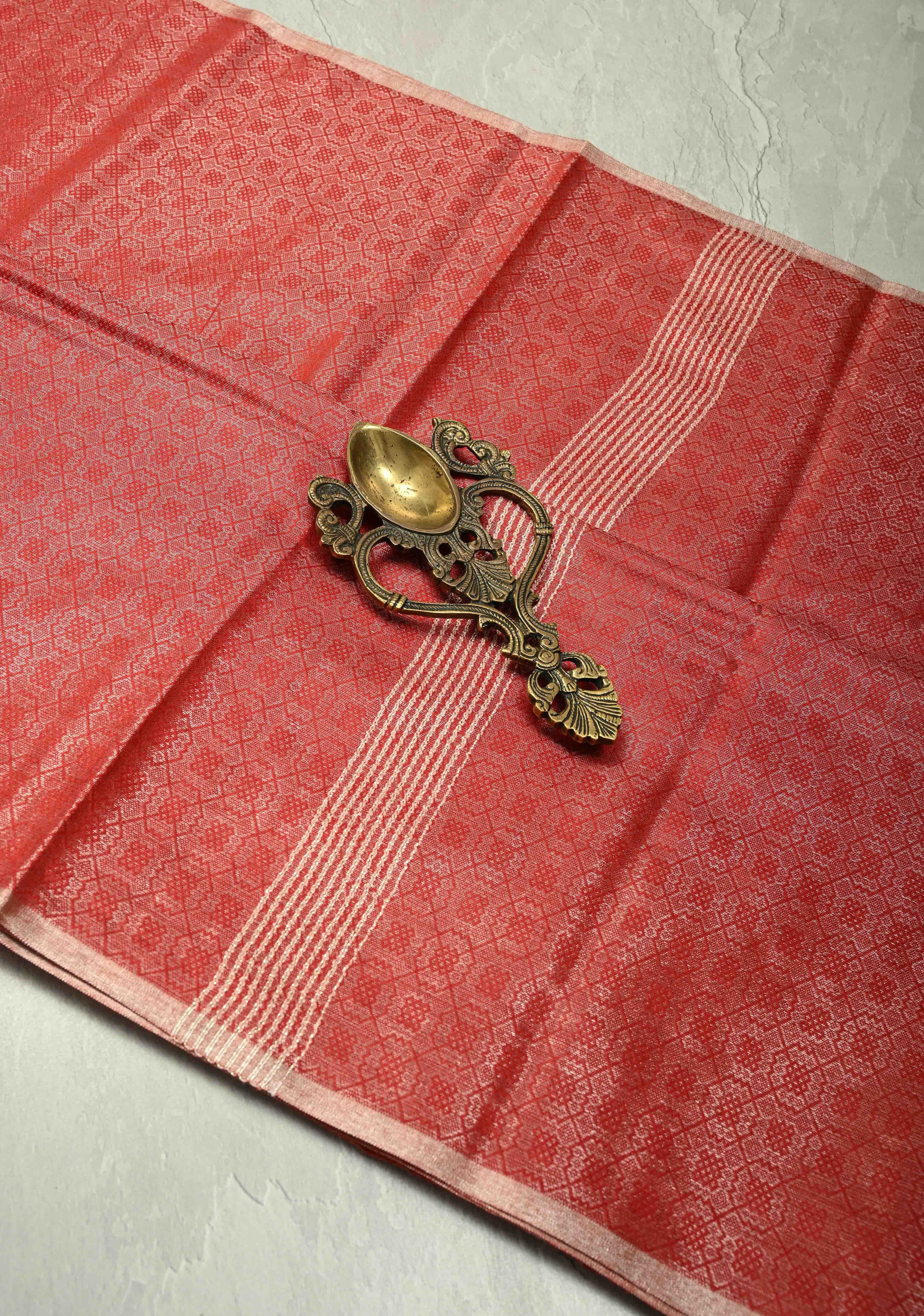 Scarlet Red Semi Tussar Saree with Zari Brocade and Minimal Silver Zari Border | Shobitam