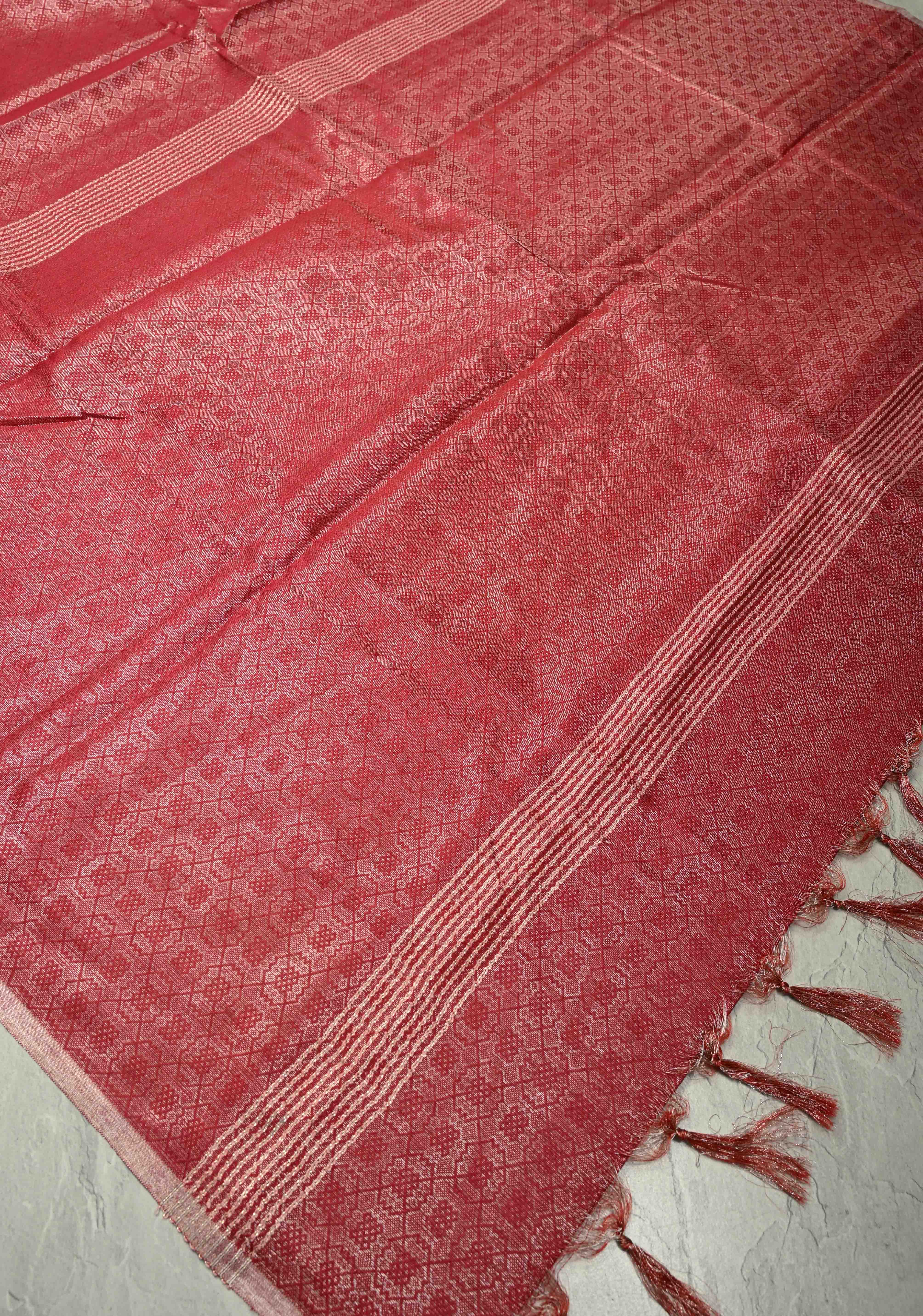 Red Semi Tussar Saree with Brocade and Minimal Silver Zari Border | Shobitam