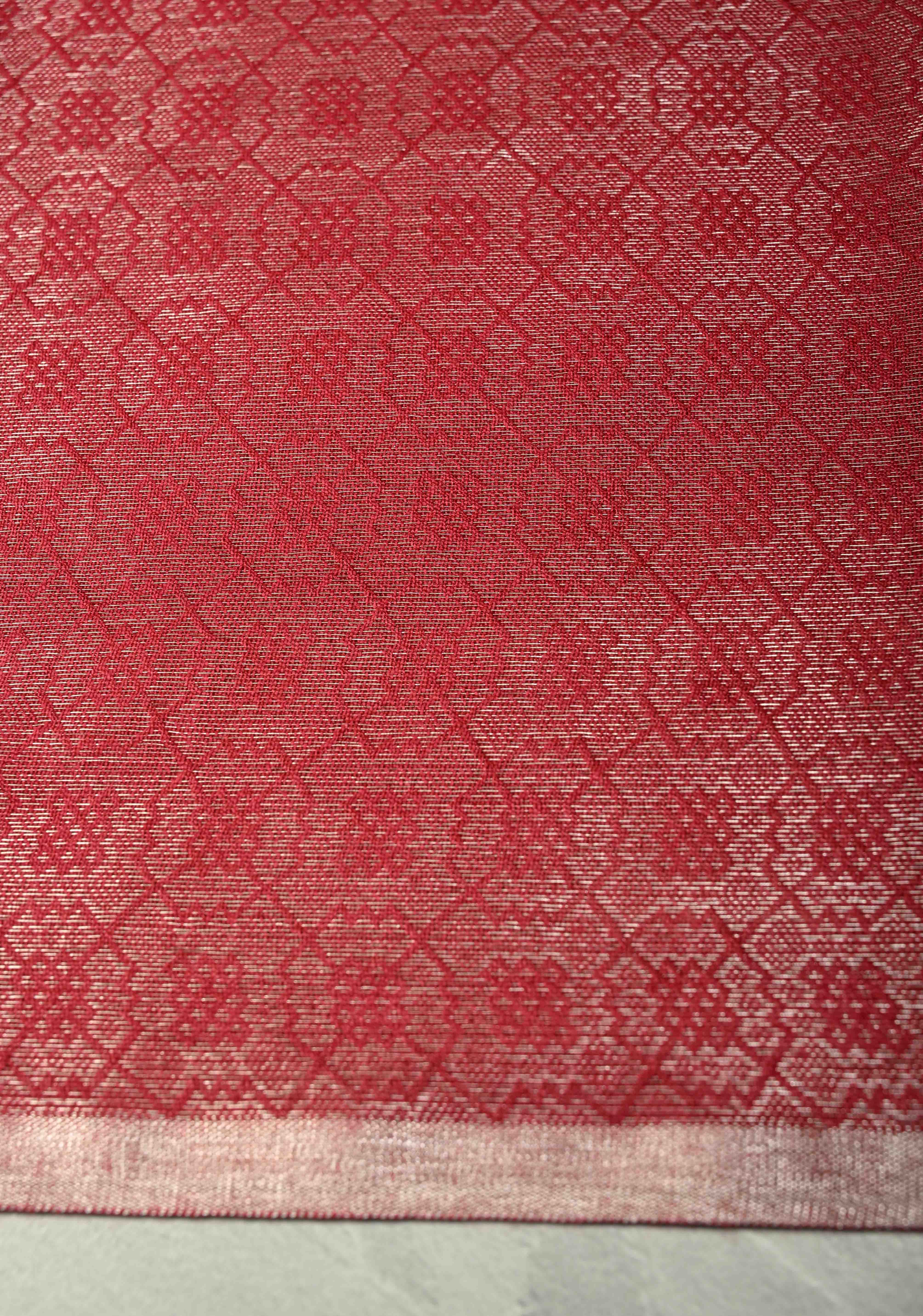 Red Semi Tussar Saree with Brocade and Minimal Silver Zari Border | Shobitam