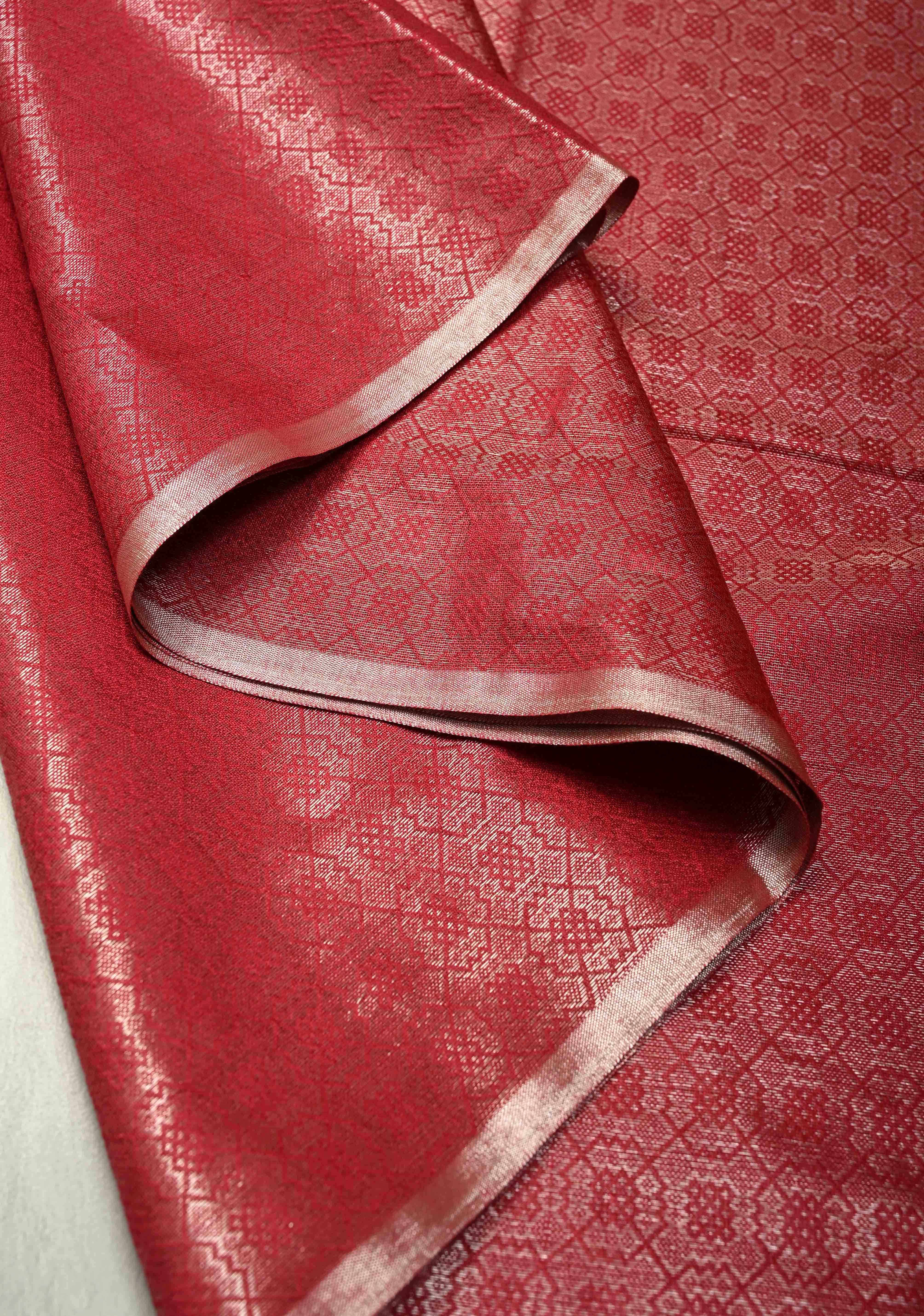 Red Semi Tussar Saree with Brocade and Minimal Silver Zari Border | Shobitam