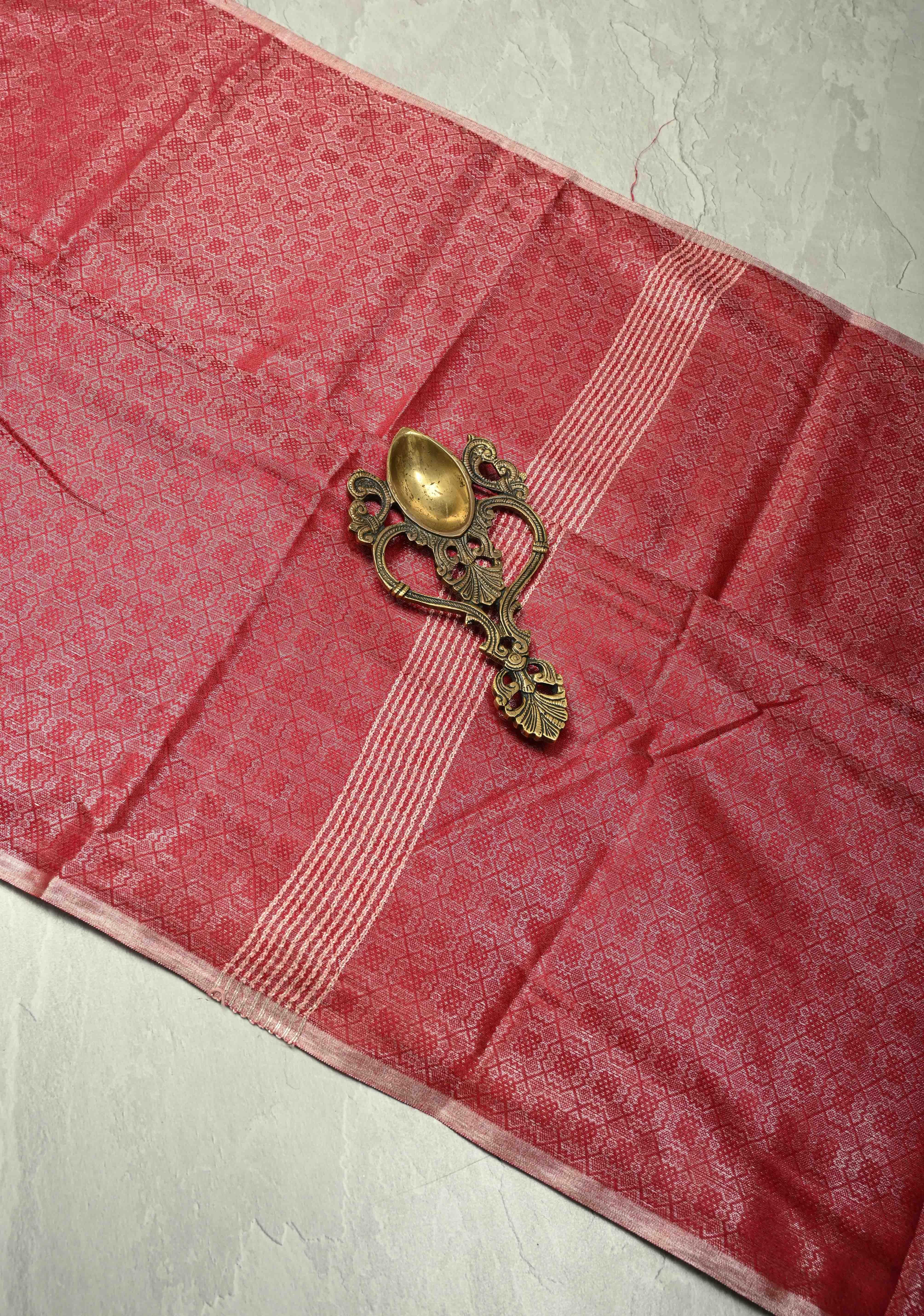 Red Semi Tussar Saree with Brocade and Minimal Silver Zari Border | Shobitam
