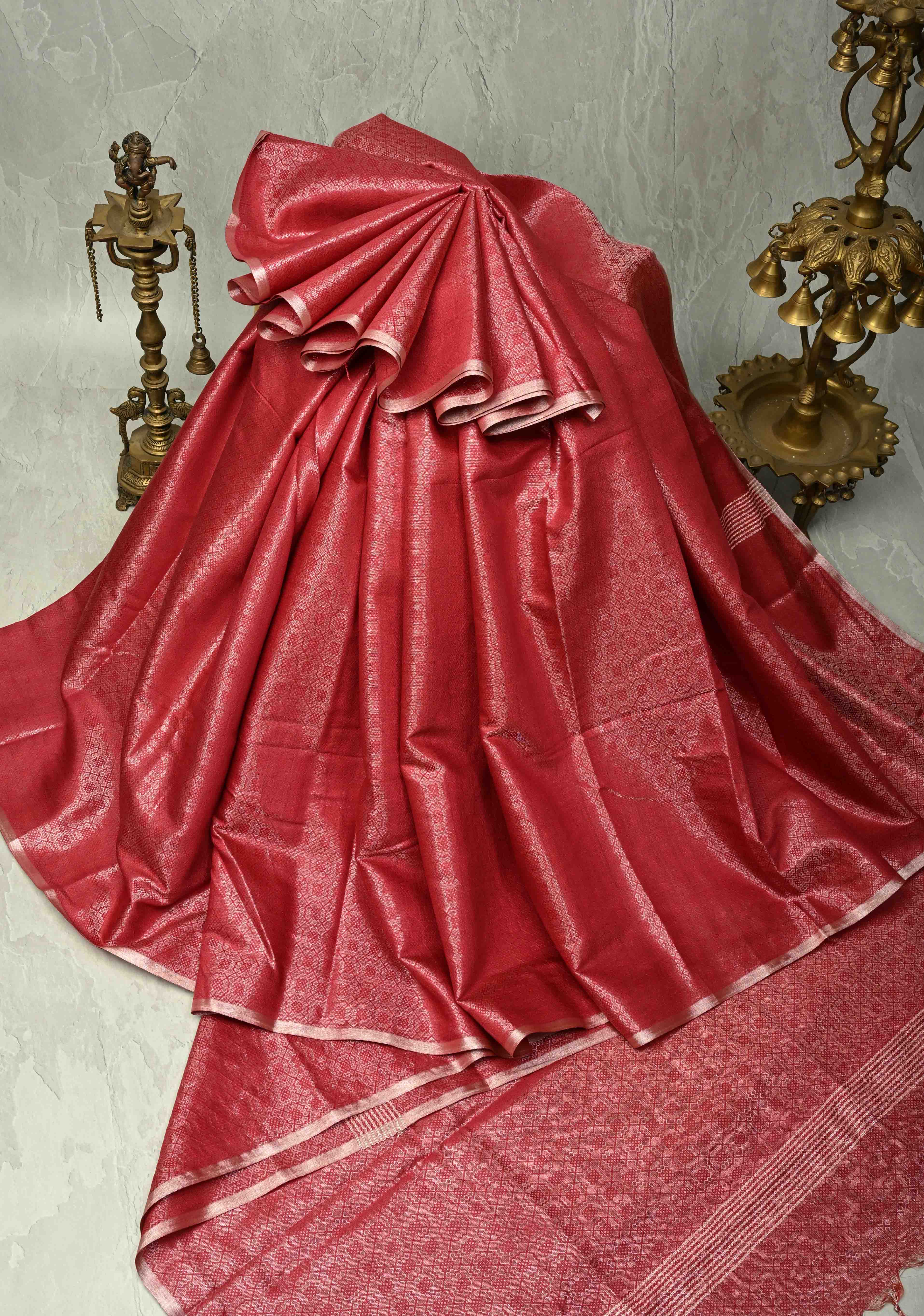Red Semi Tussar Saree with Brocade and Minimal Silver Zari Border | Shobitam