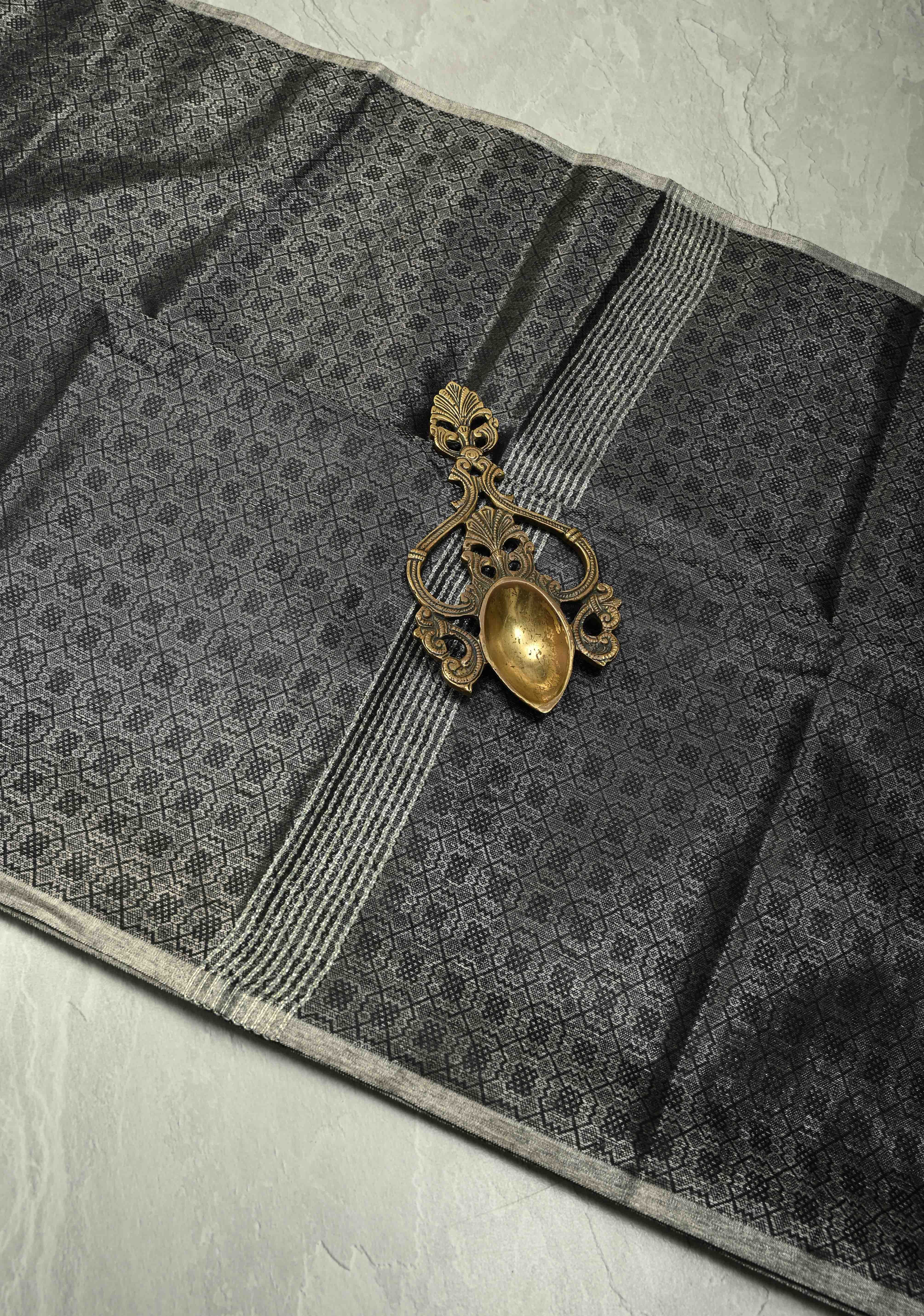 Stunning Black Semi Tussar Saree with Zari Brocade and Minimal Silver Zari Border | Shobitam