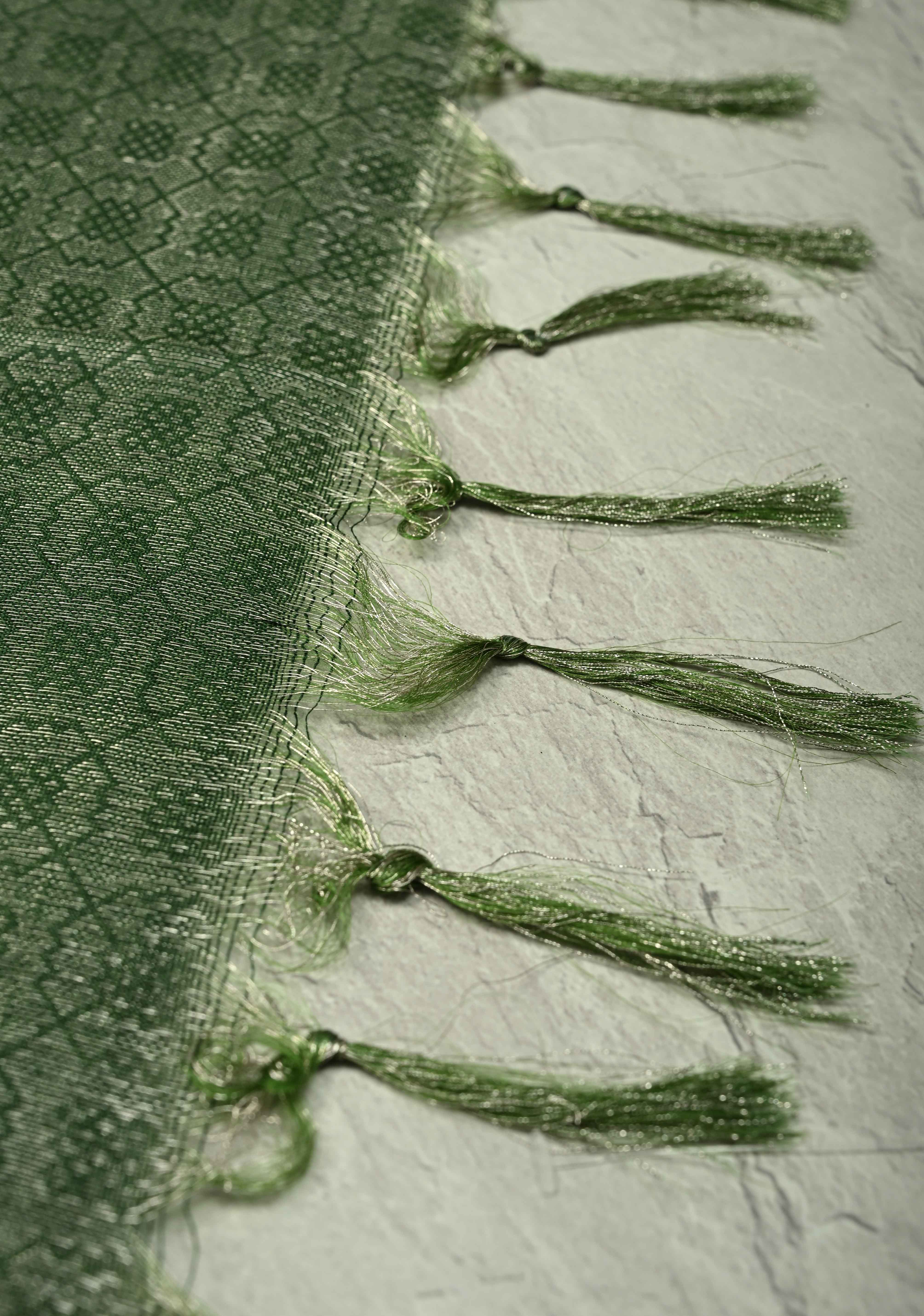 Deep Green Semi Tussar Saree with Zari Brocade and Minimal Silver Zari Border | Shobitam