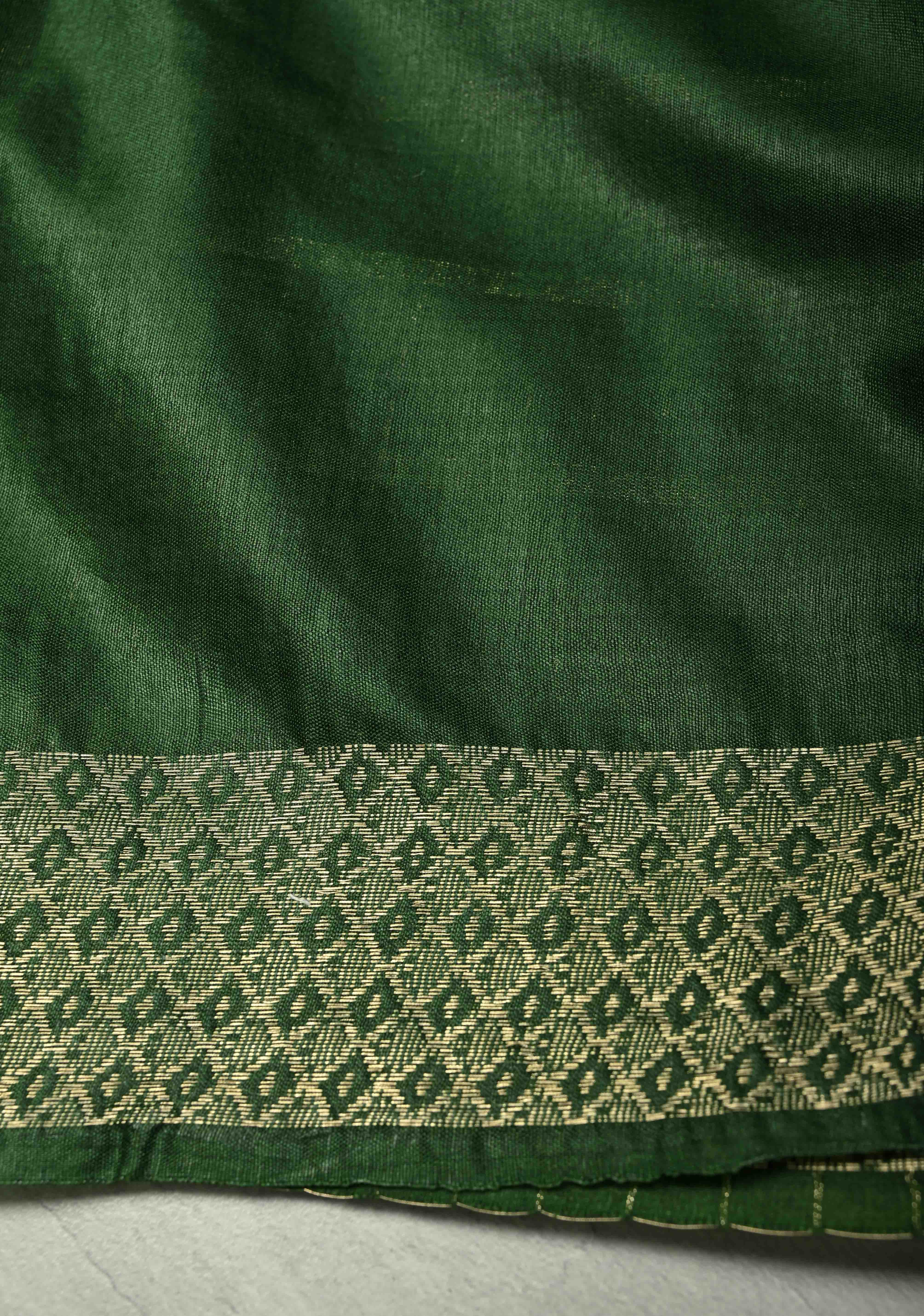 Hunter Green Semi Tussar Saree with Zari Stripes and Zari Border | Shobitam