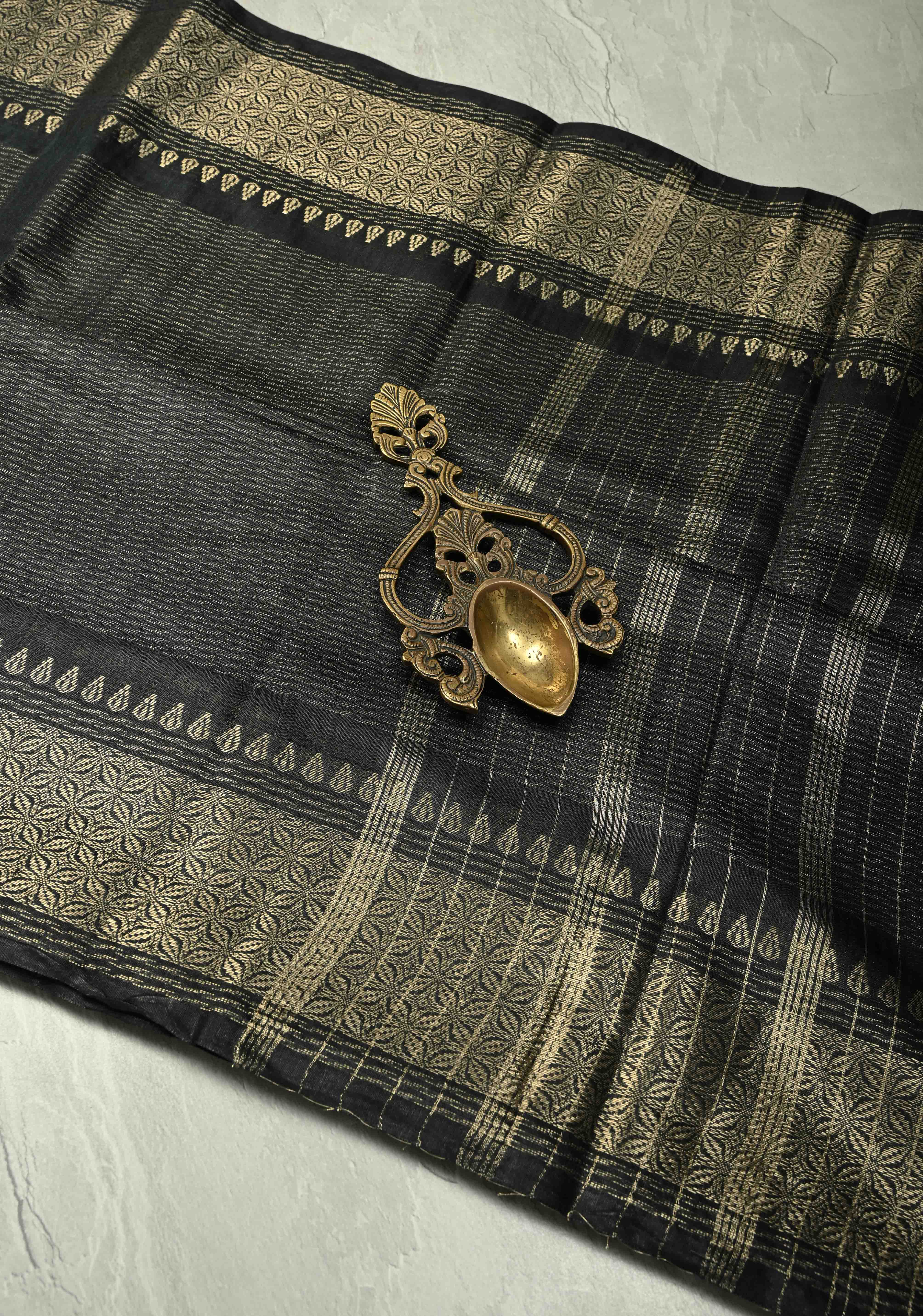 Shadow Black Semi Tussar Saree with Zari Border | Shobitam