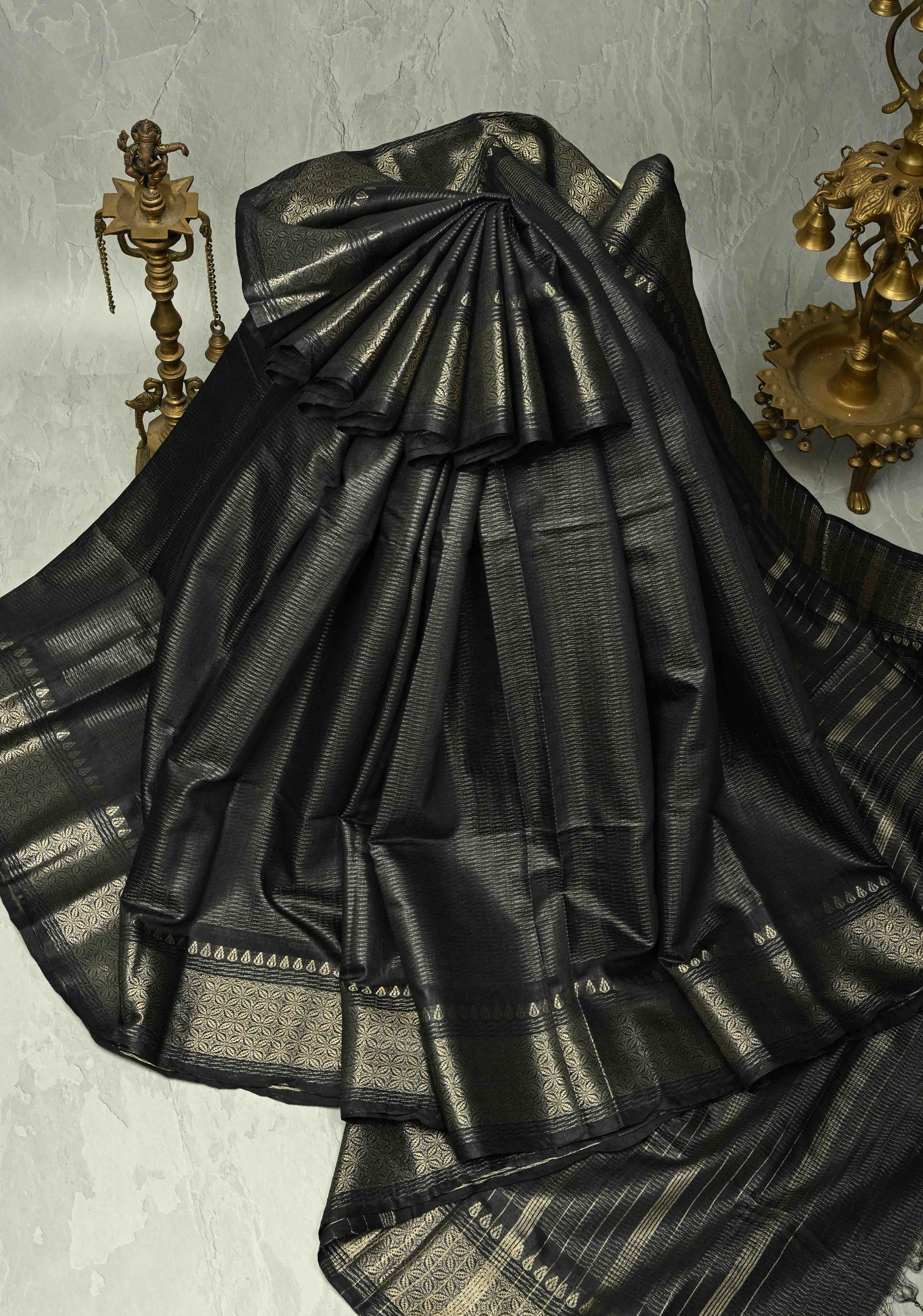 Shadow Black Semi Tussar Saree with Zari Border | Shobitam