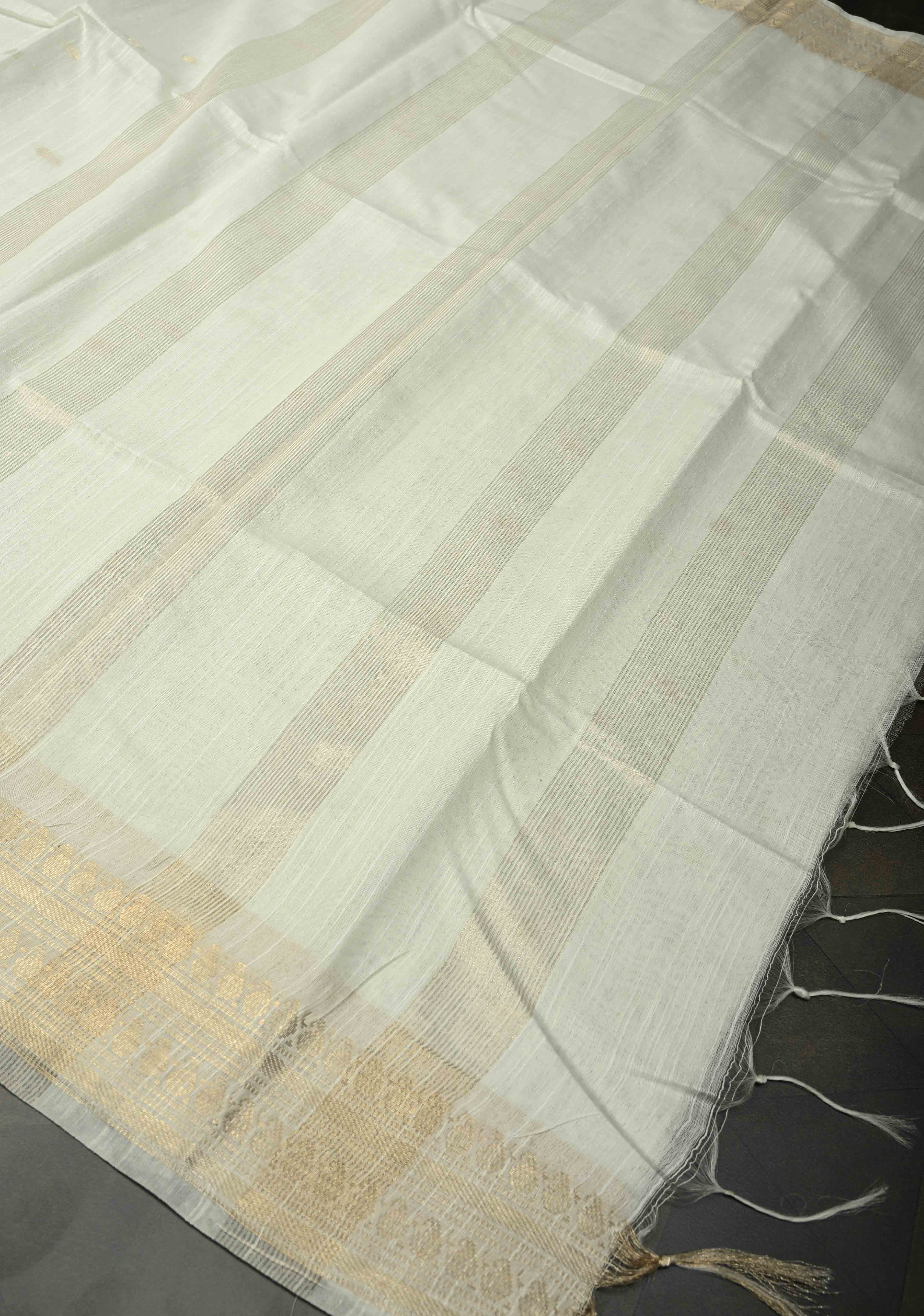 Snow White Semi Tussar Saree with Zari Buttas and Zari Border | Shobitam