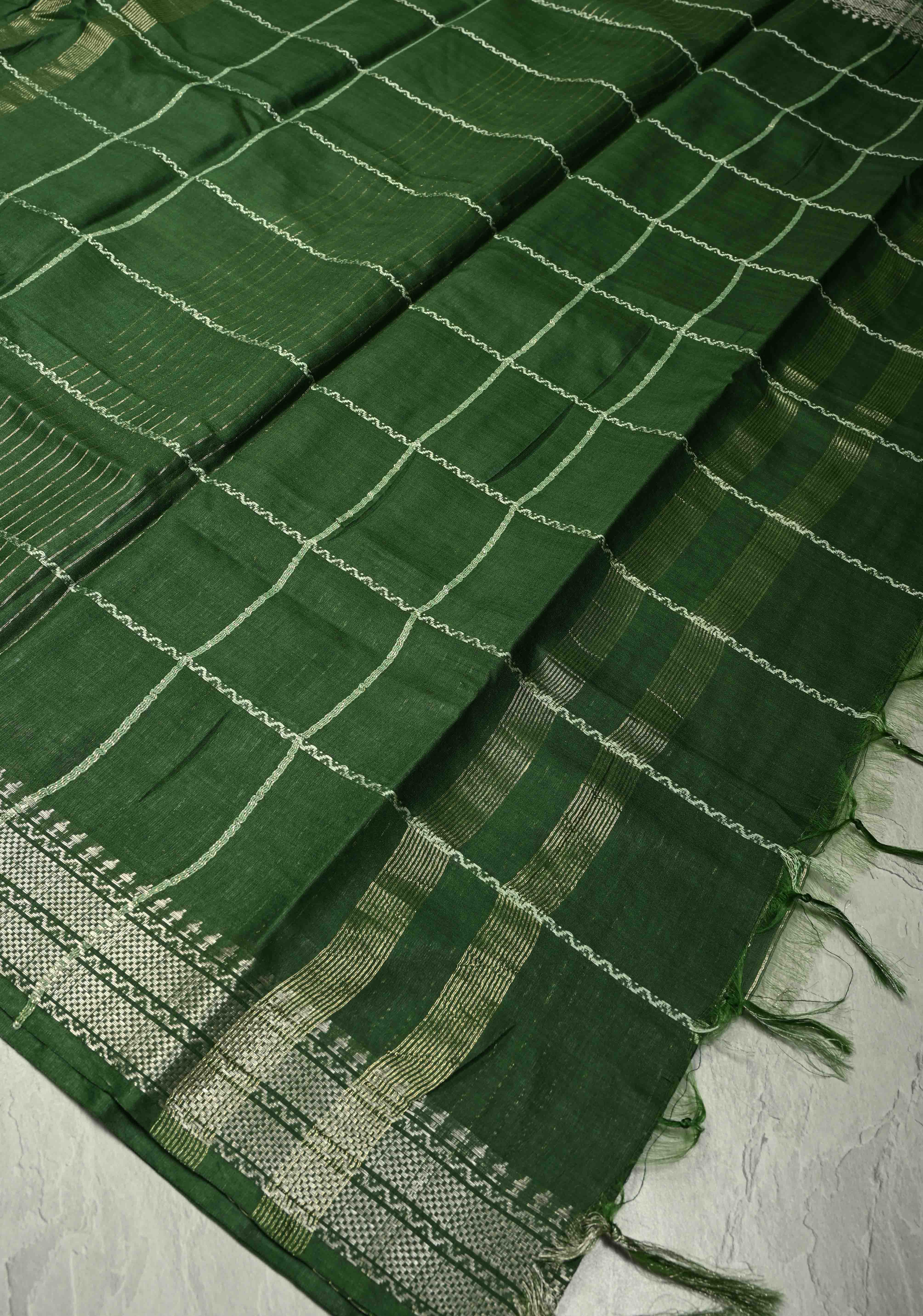 Deep Forest Green Semi Tussar Saree with Thread Stripes and Tepmle Zari Border | Shobitam