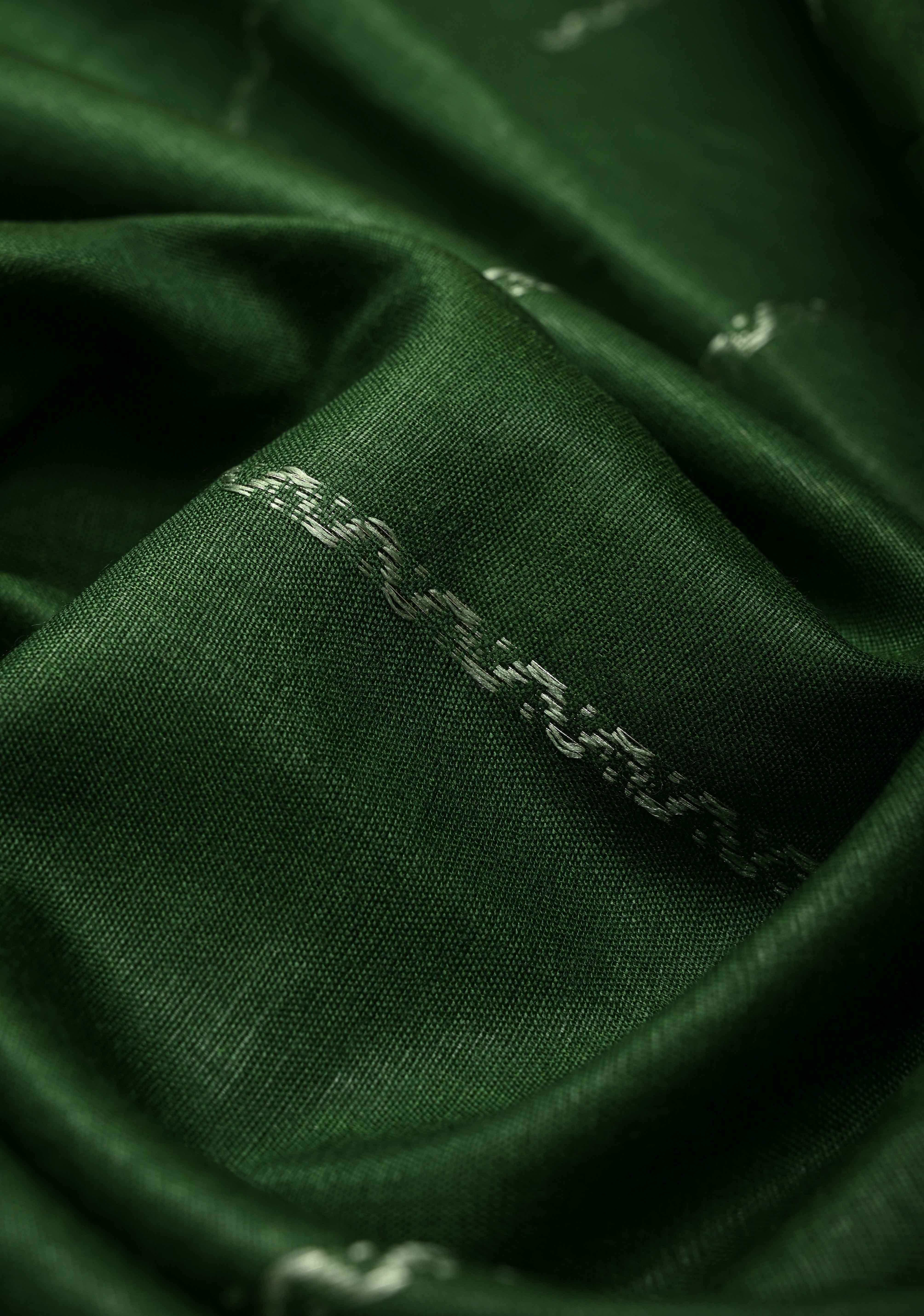 Deep Forest Green Semi Tussar Saree with Thread Stripes and Tepmle Zari Border | Shobitam