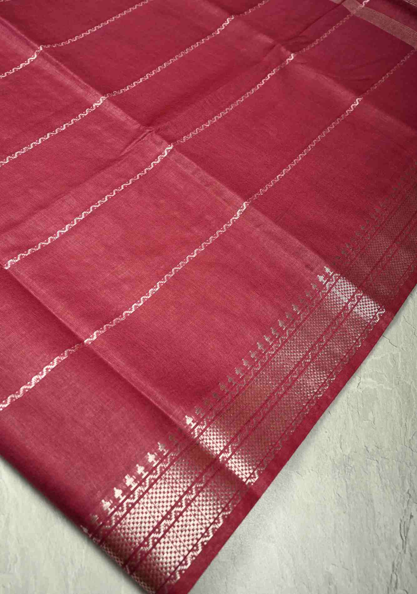 Berry Semi Tussar Saree with Veldhari Stripes and Zari Border Ready To Wear Saree