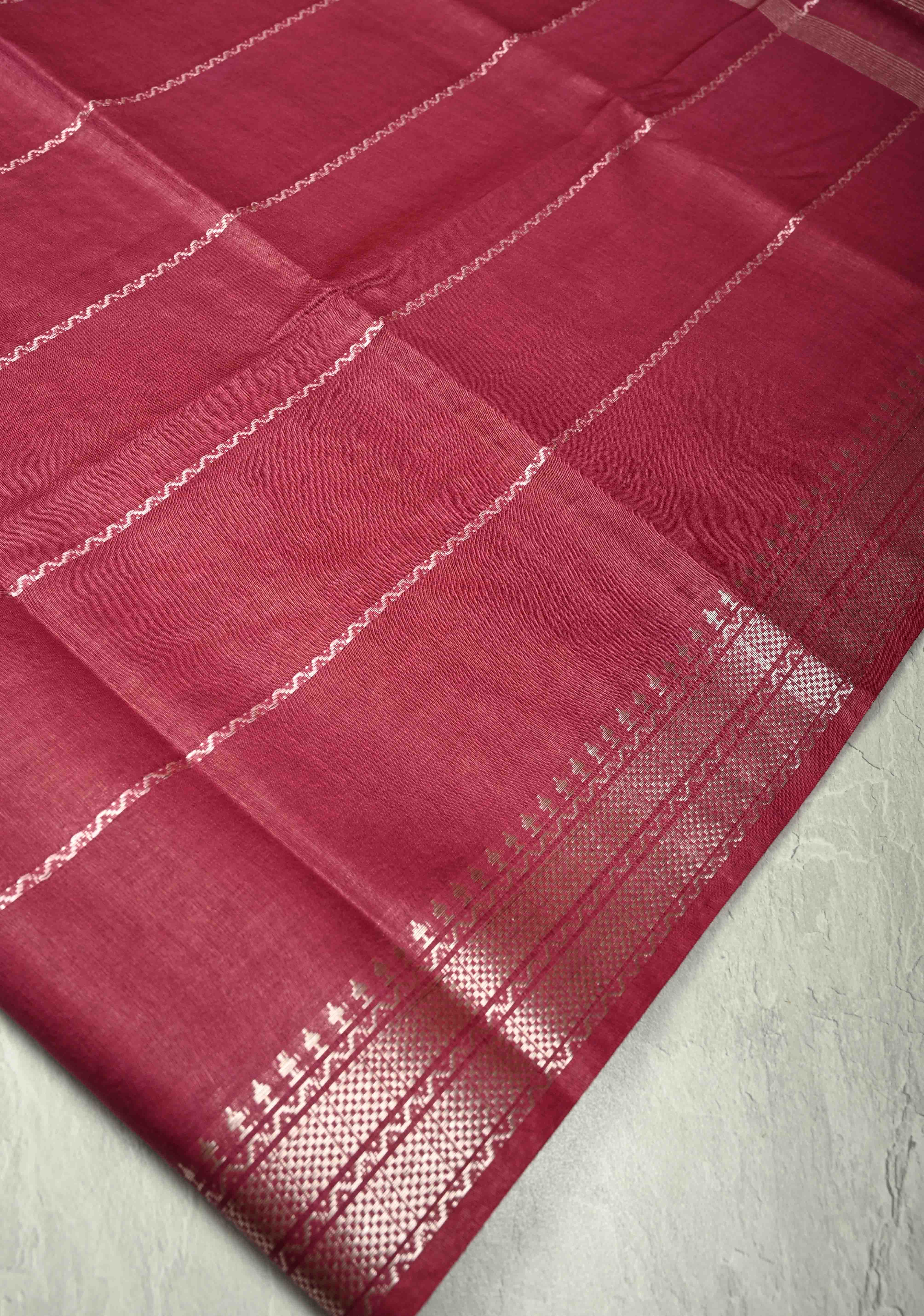 Berry Semi Tussar Saree with Veldhari Stripes and Zari Border | Shobitam