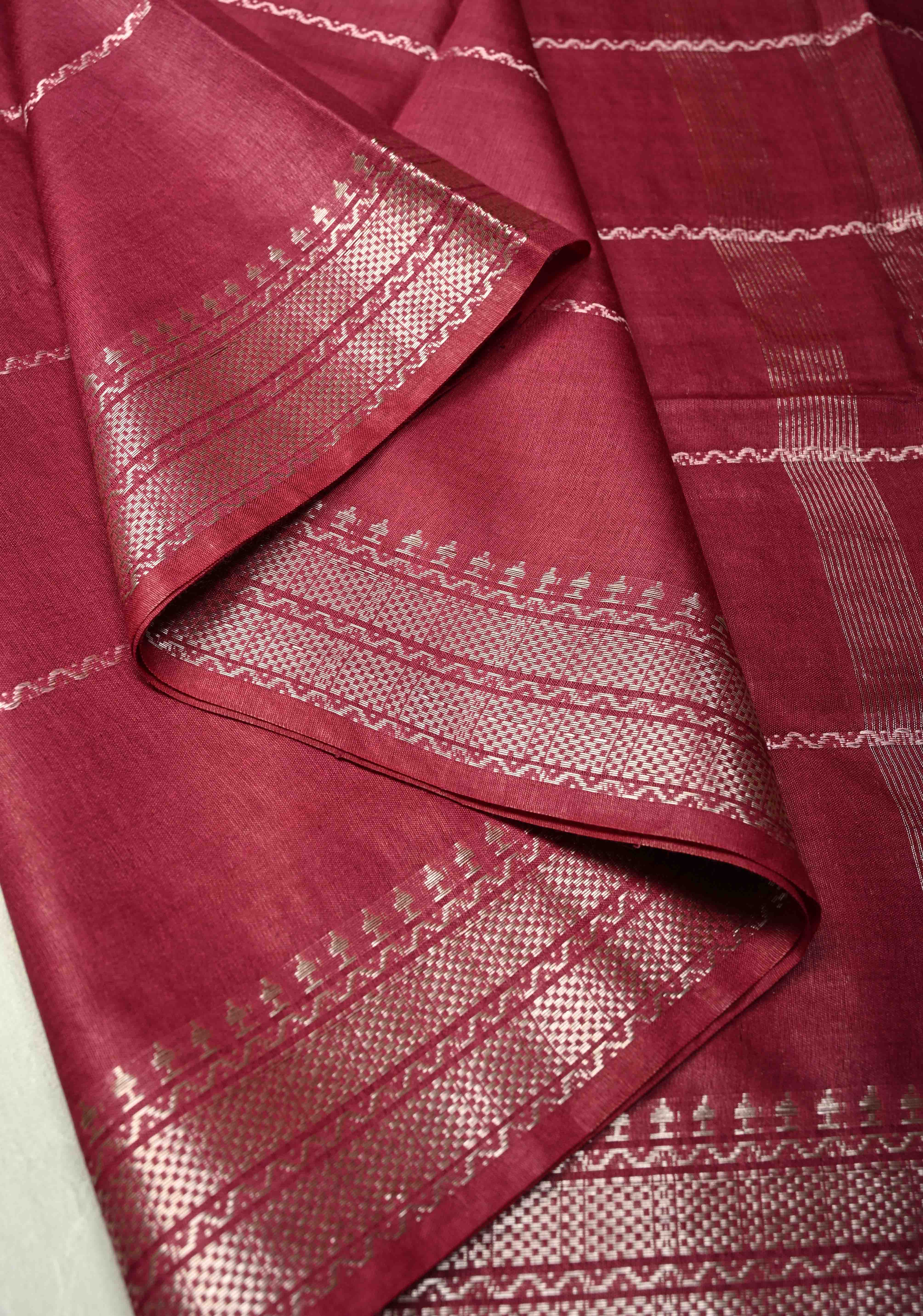 Berry Semi Tussar Saree with Veldhari Stripes and Zari Border | Shobitam