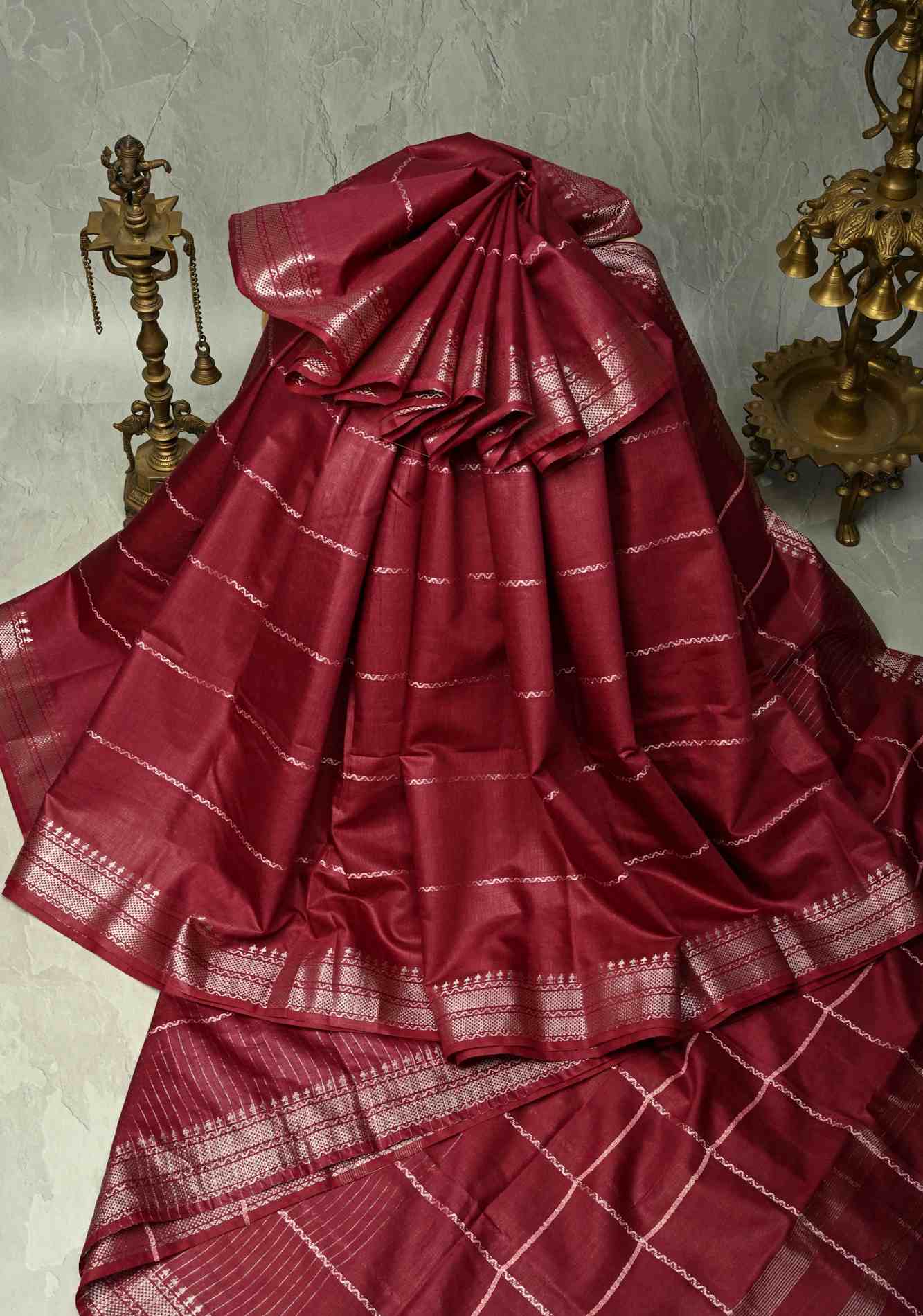 Berry Semi Tussar Saree with Veldhari Stripes and Zari Border Ready To Wear Saree