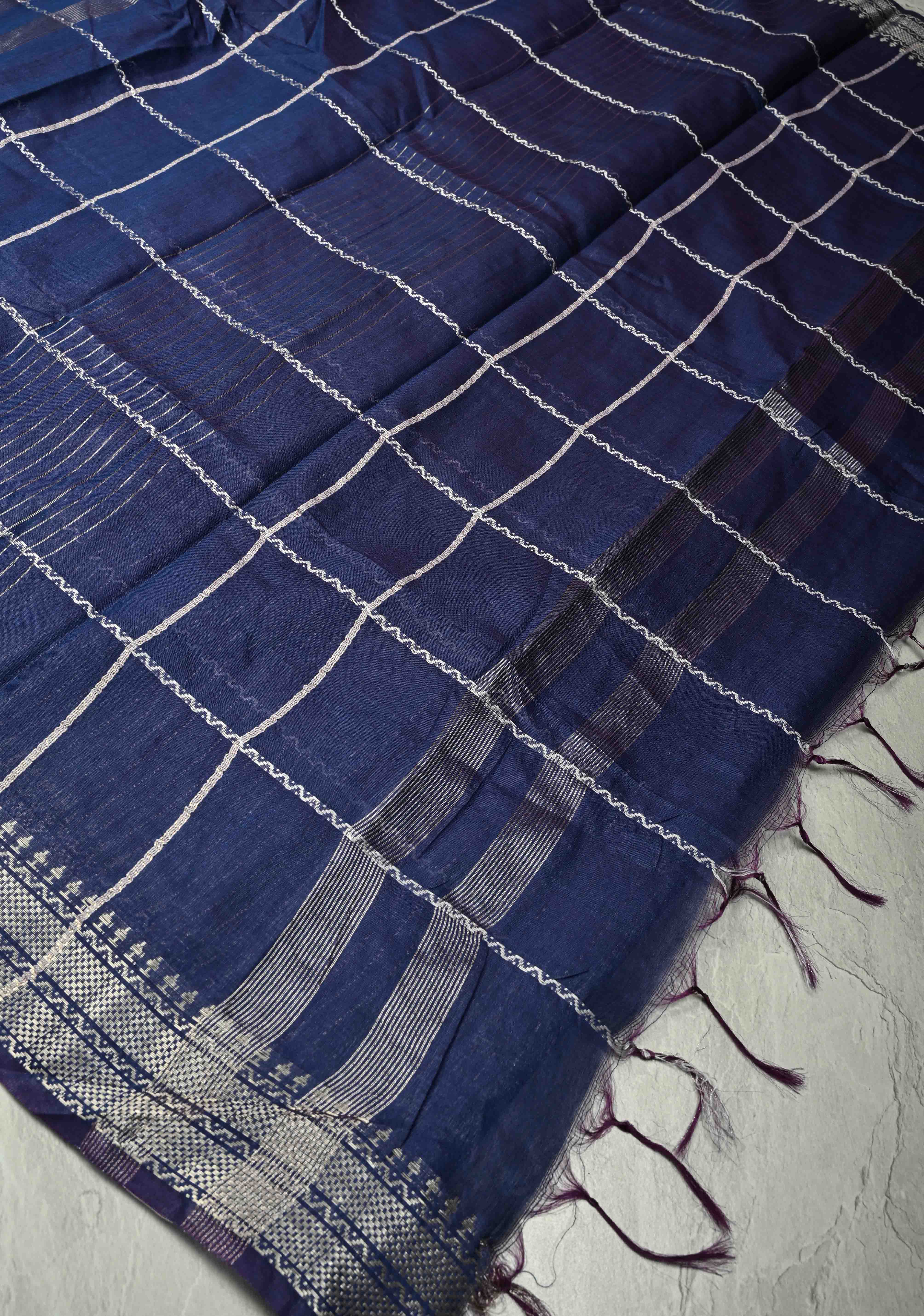 Royal Blue Semi Tussar Saree with Veldhari Stripes and Zari Border | Shobitam