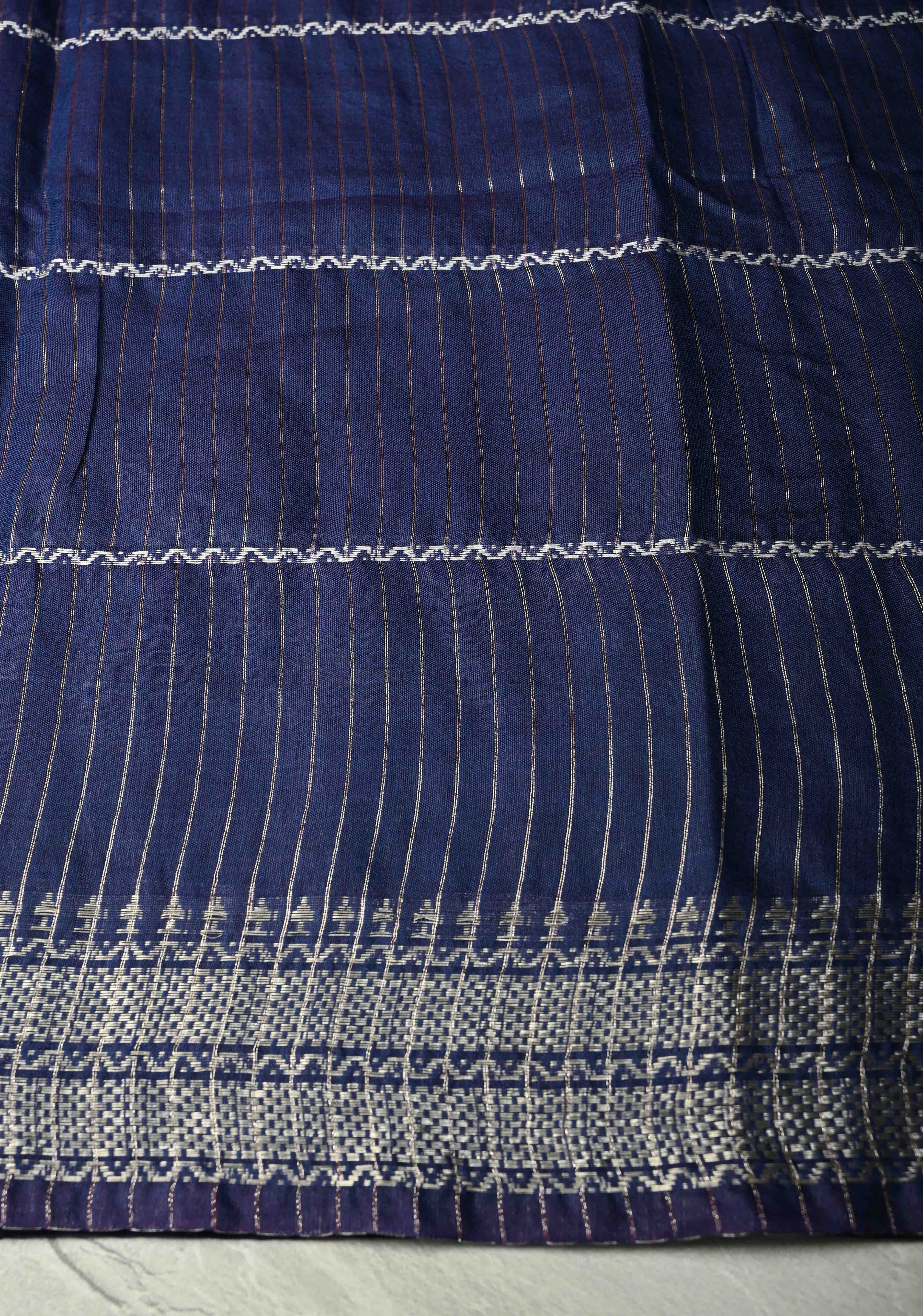 Royal Blue Semi Tussar Saree with Veldhari Stripes and Zari Border | Shobitam