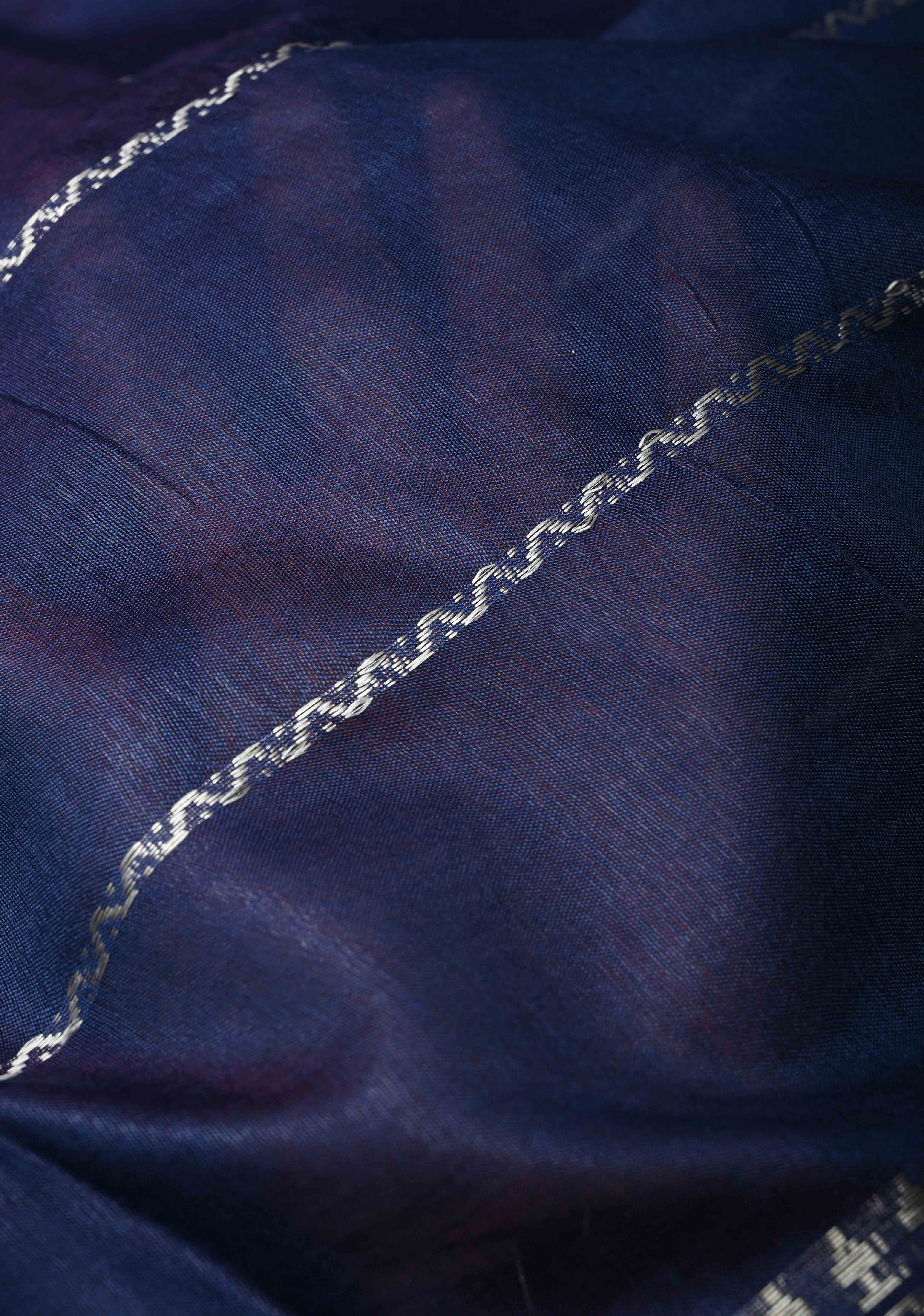 Royal Blue Semi Tussar Saree with Veldhari Stripes and Zari Border | Shobitam