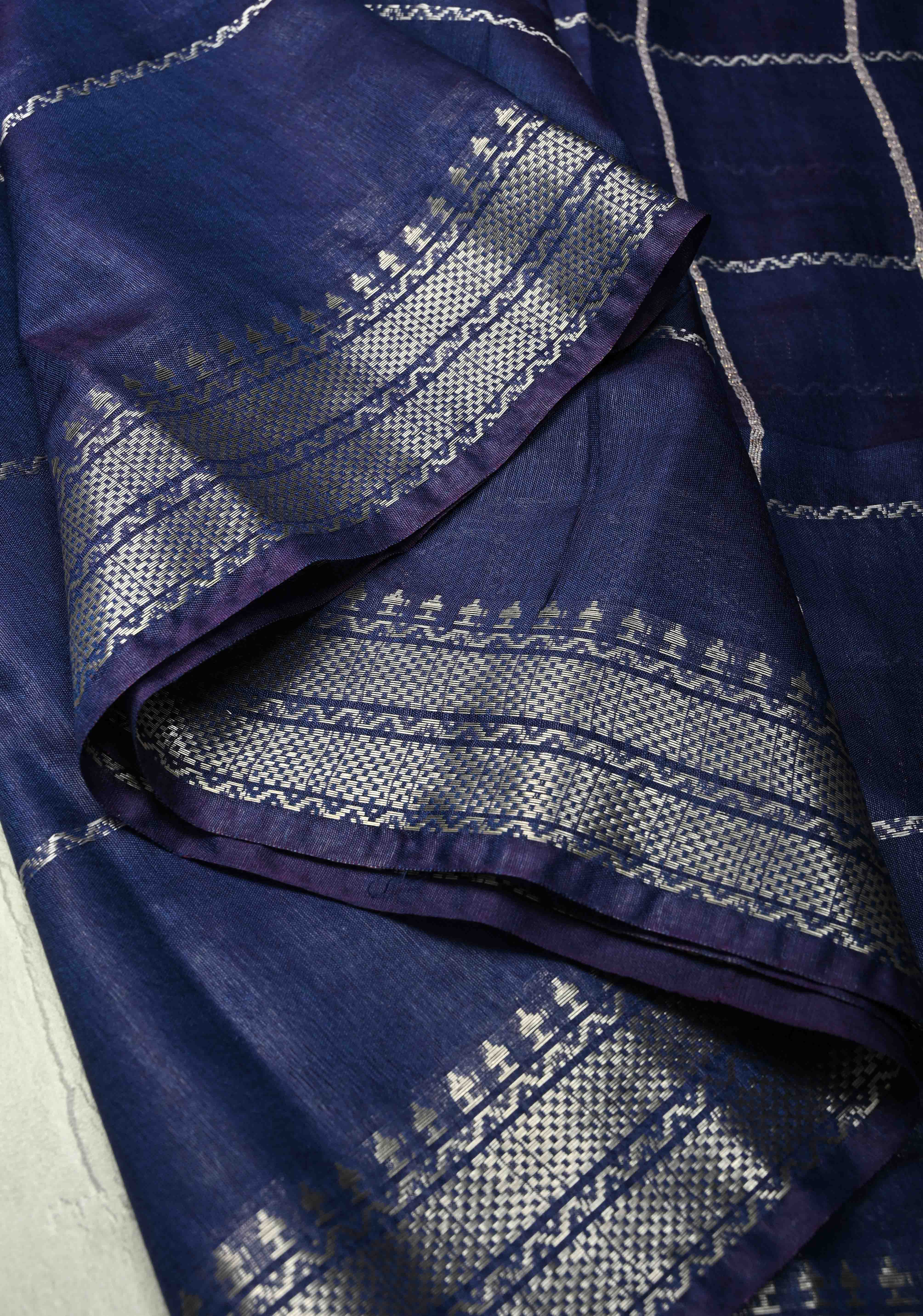 Royal Blue Semi Tussar Saree with Veldhari Stripes and Zari Border | Shobitam