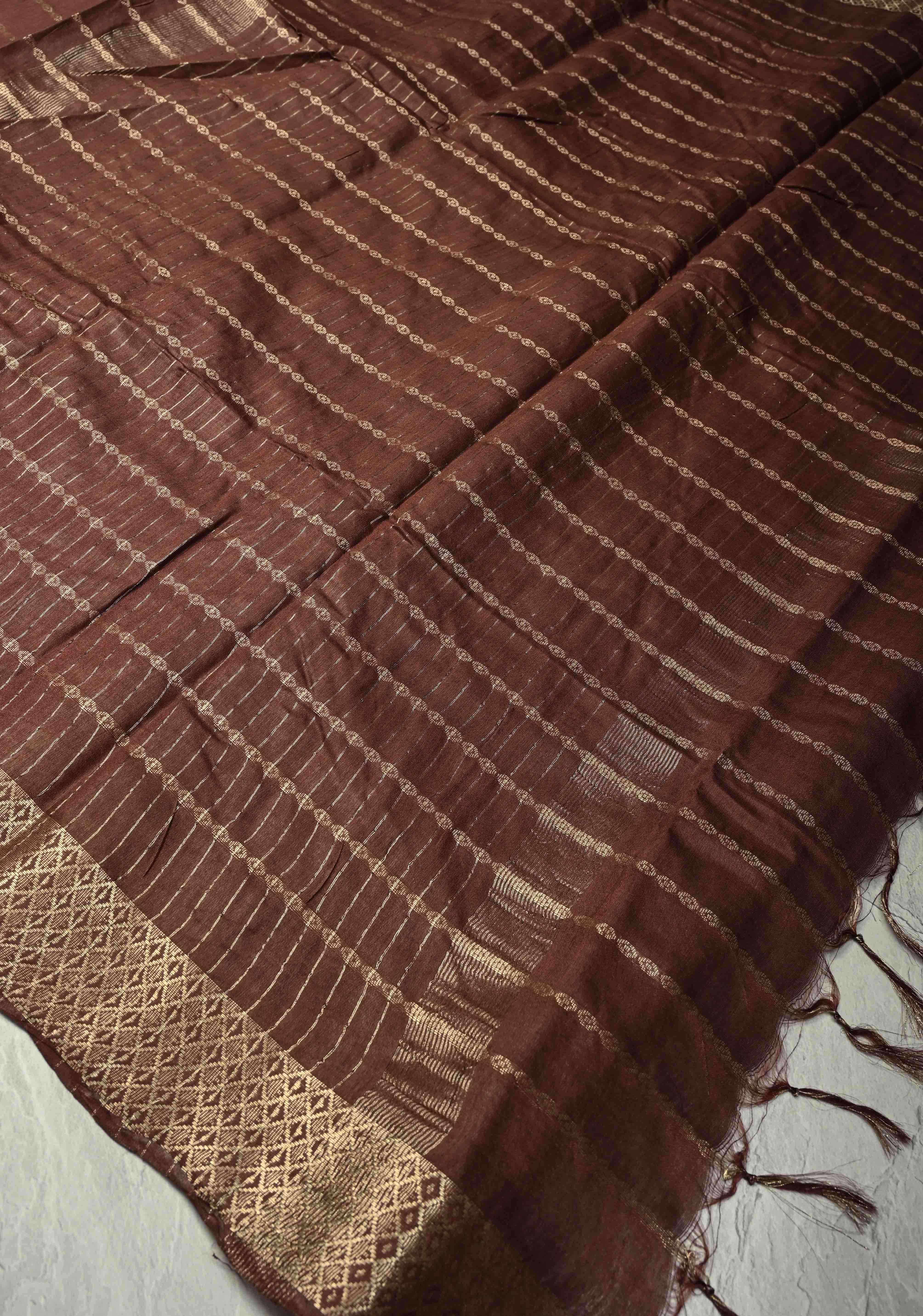 Coffee Brown Semi Tussar Saree with Zari Stripes and Zari Border | Shobitam