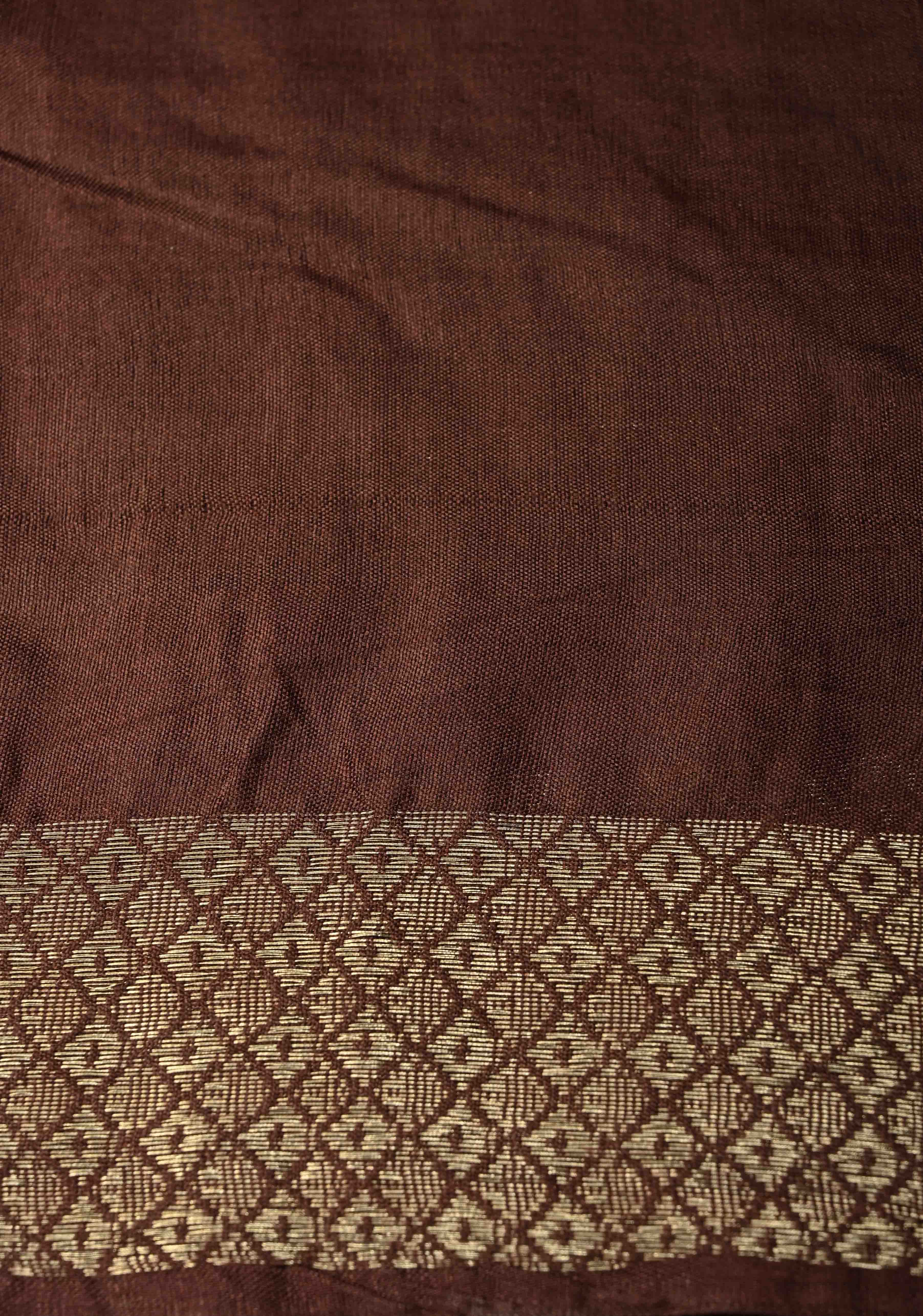 Coffee Brown Semi Tussar Saree with Zari Stripes and Zari Border | Shobitam