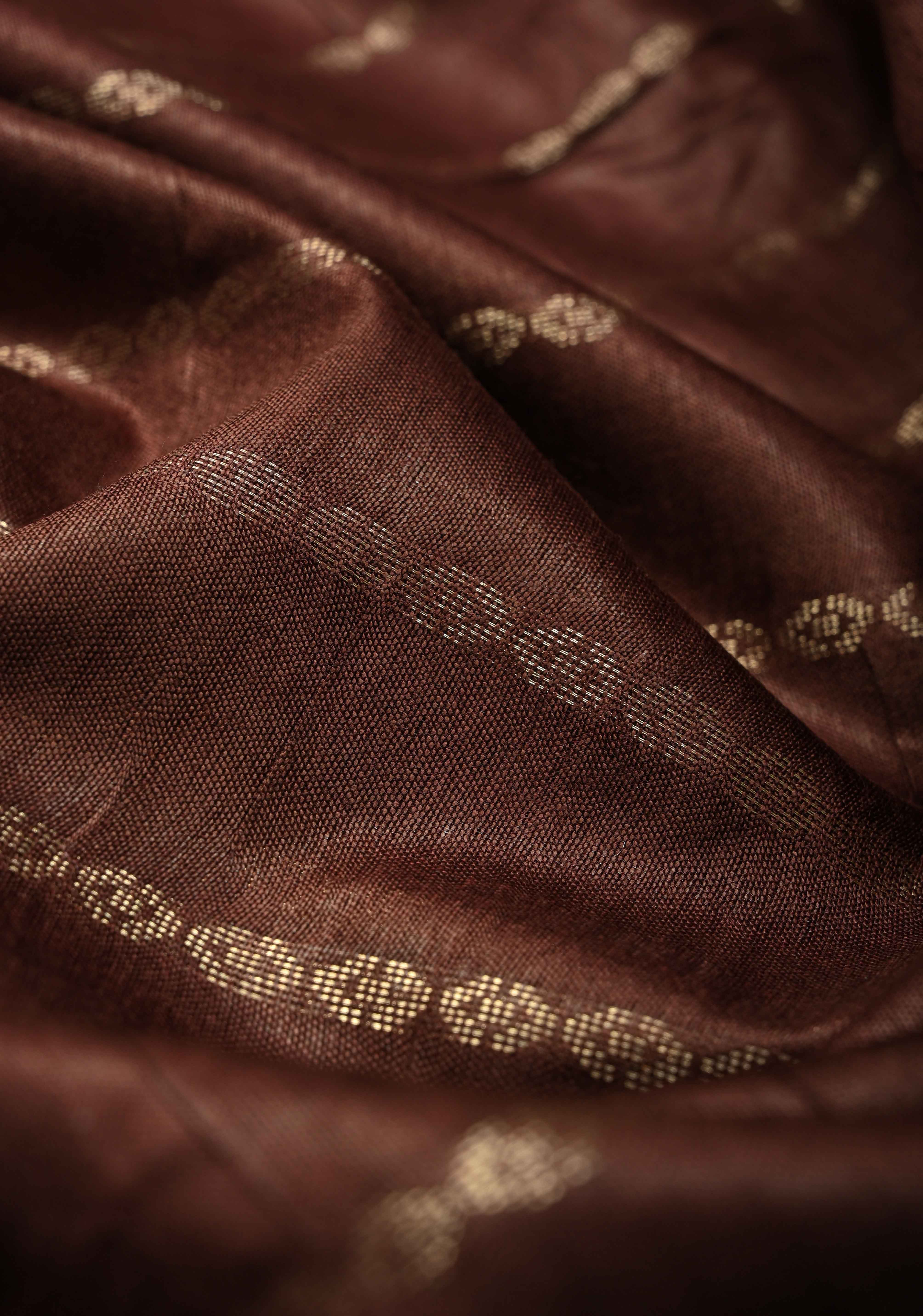 Coffee Brown Semi Tussar Saree with Zari Stripes and Zari Border | Shobitam