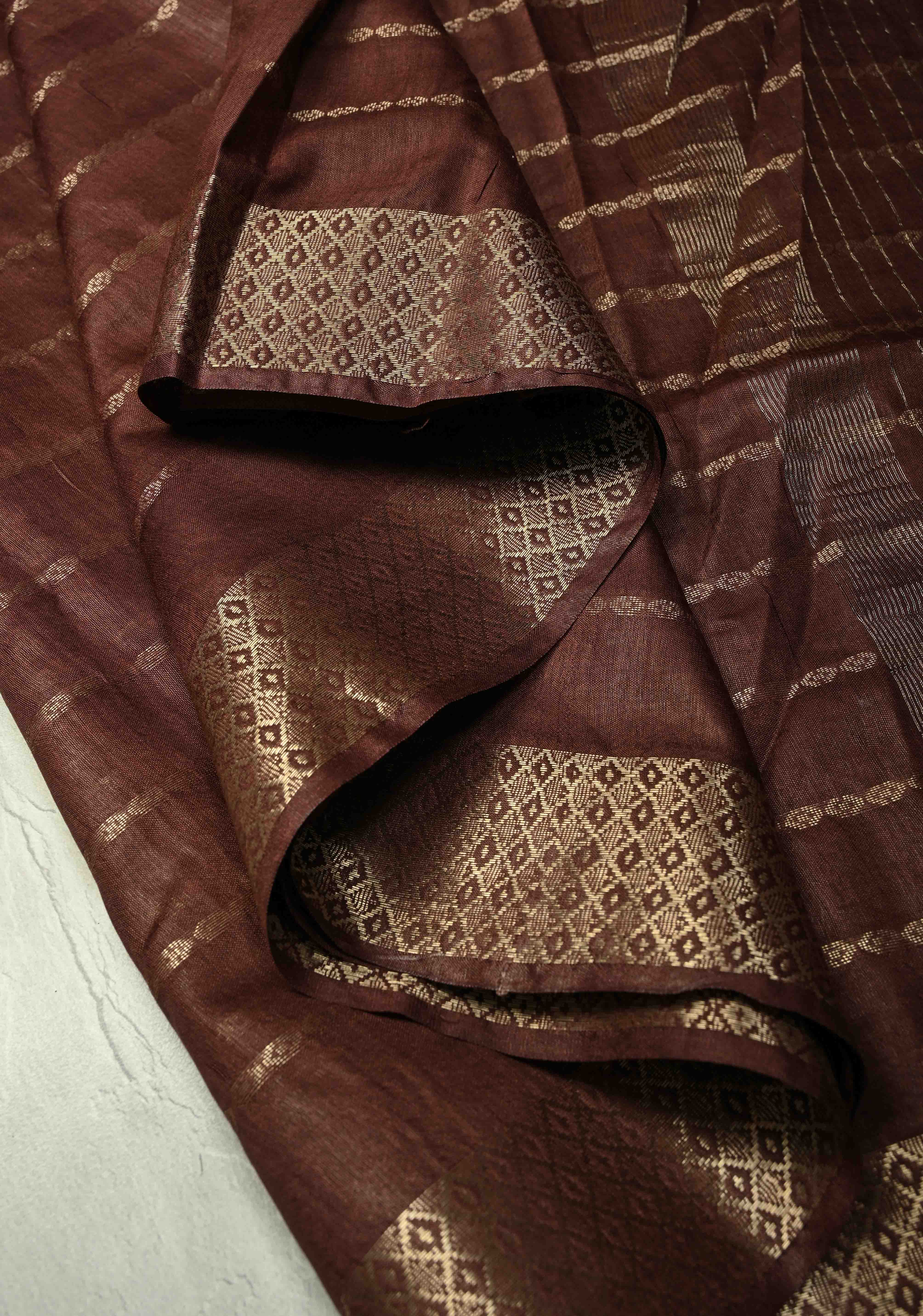 Coffee Brown Semi Tussar Saree with Zari Stripes and Zari Border | Shobitam