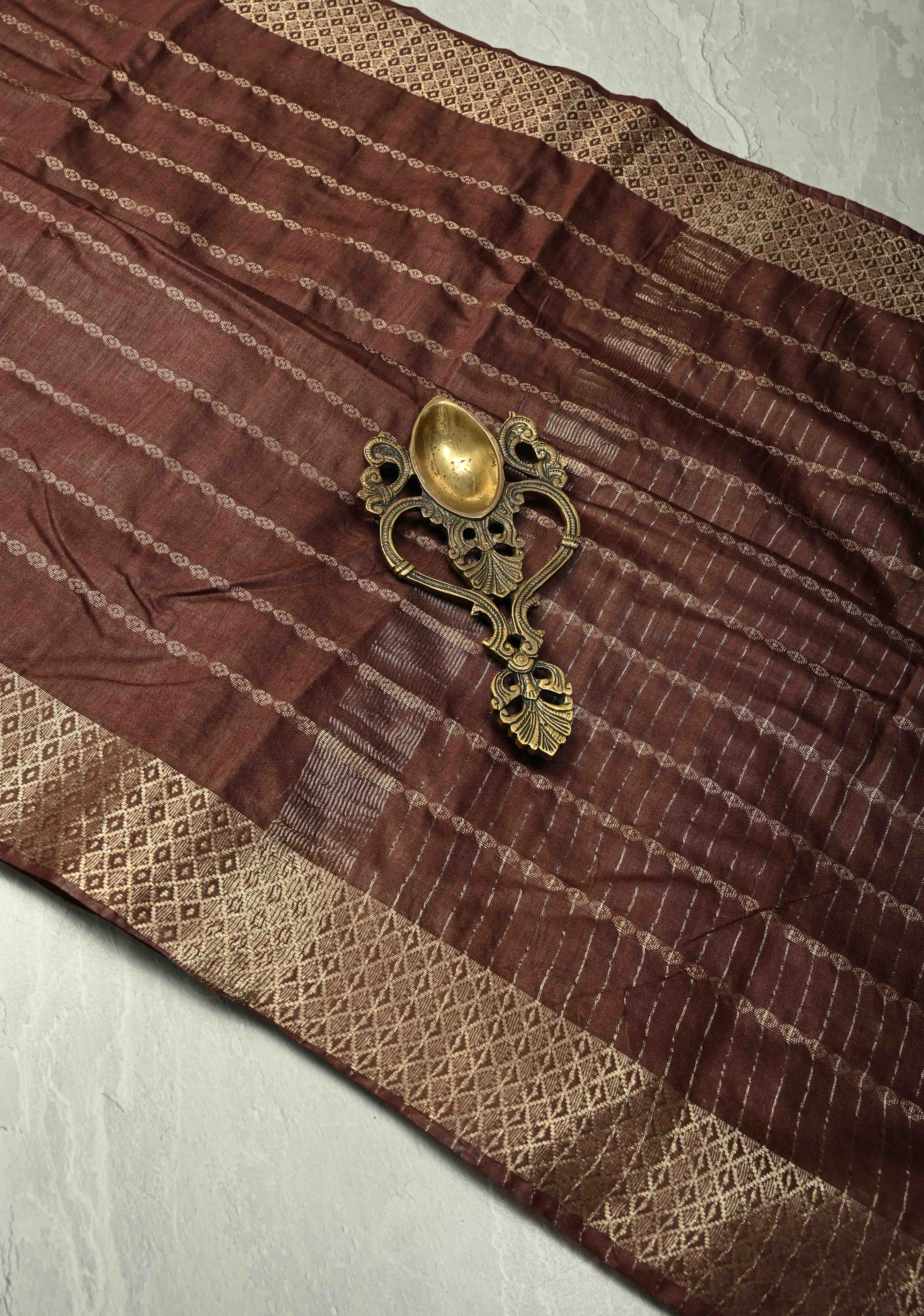 Coffee Brown Semi Tussar Saree with Zari Stripes and Zari Border | Shobitam