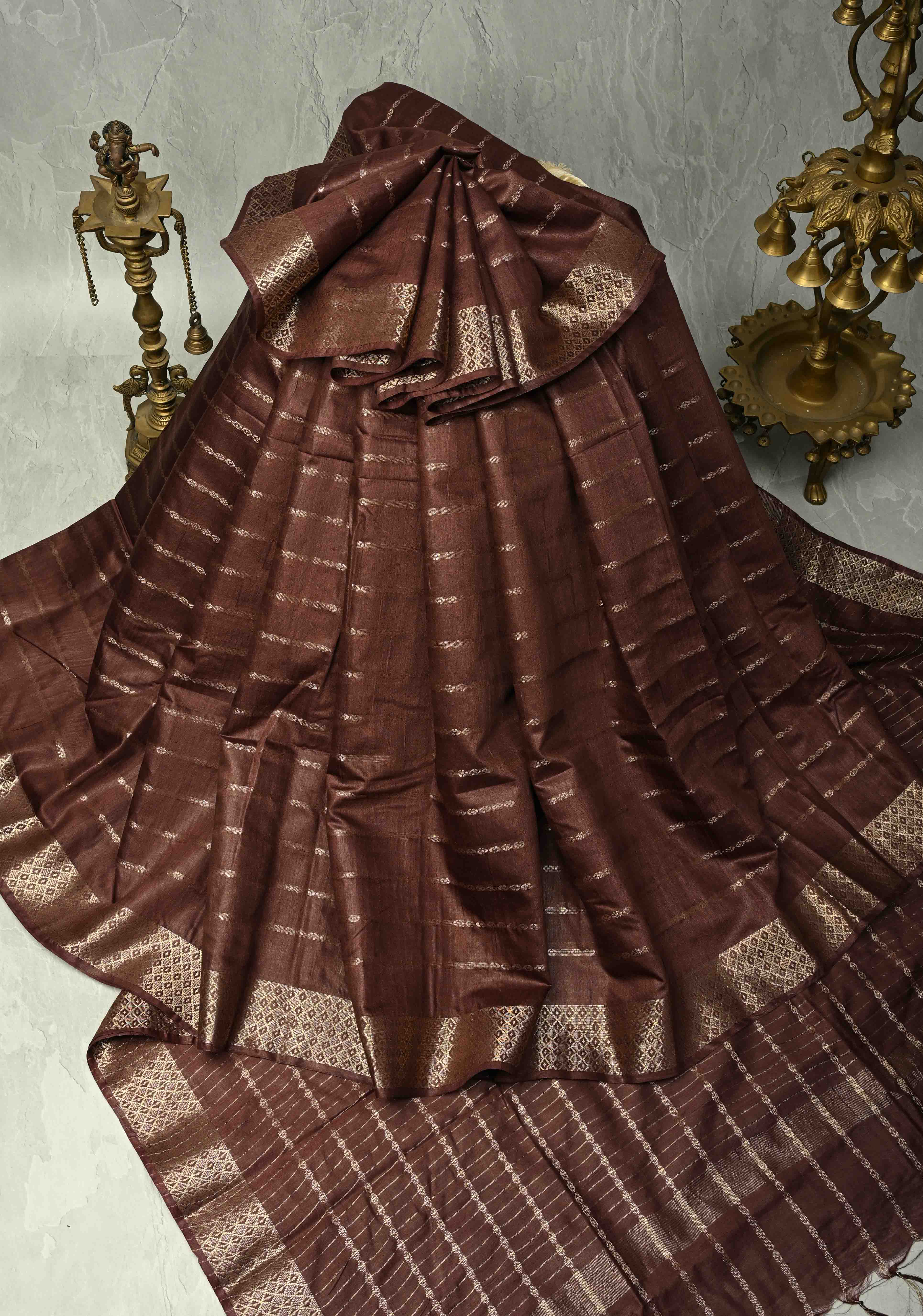 Coffee Brown Semi Tussar Saree with Zari Stripes and Zari Border | Shobitam