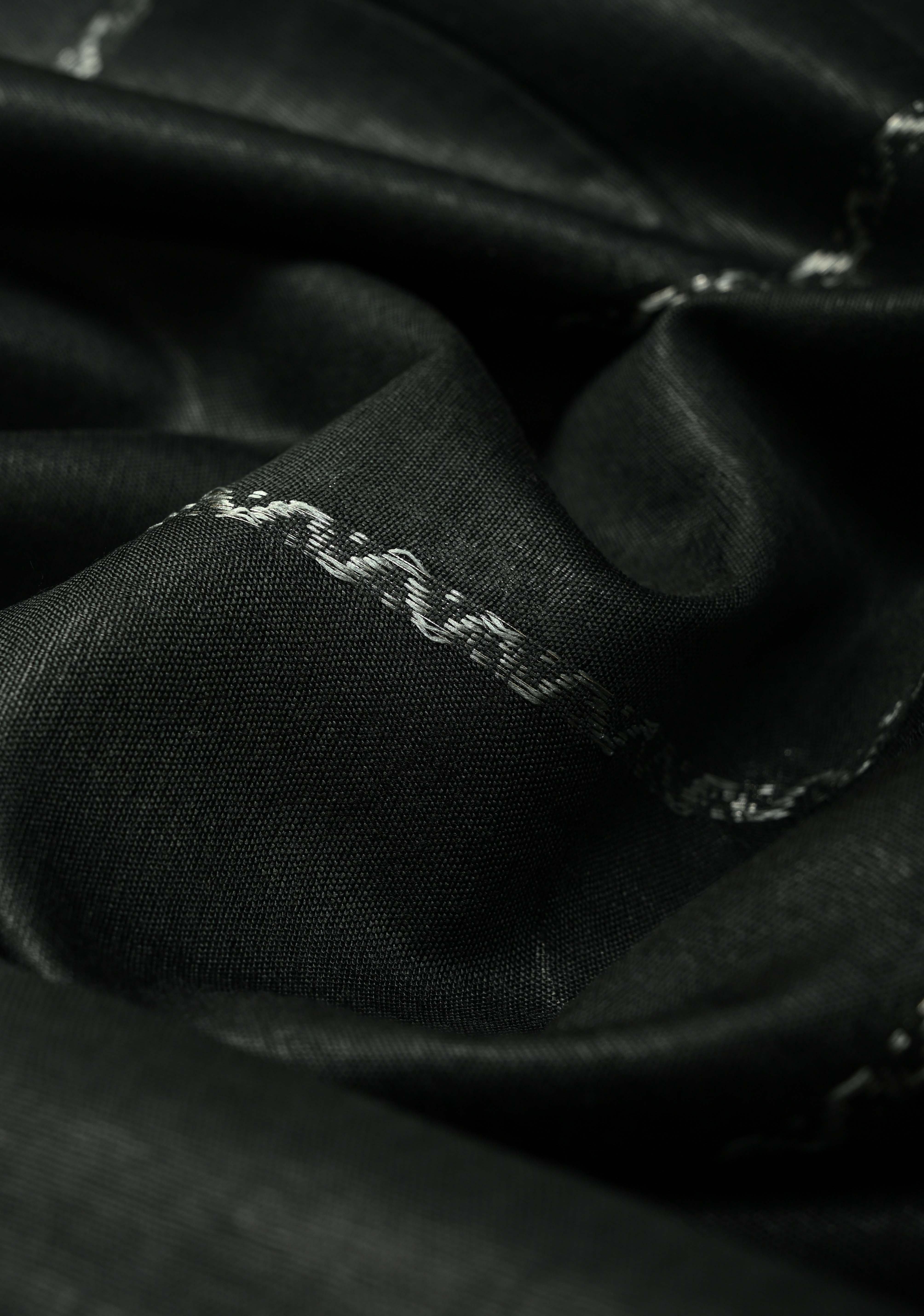 Black Semi Tussar Saree with Veldhari Stripes and Zari Border | Shobitam