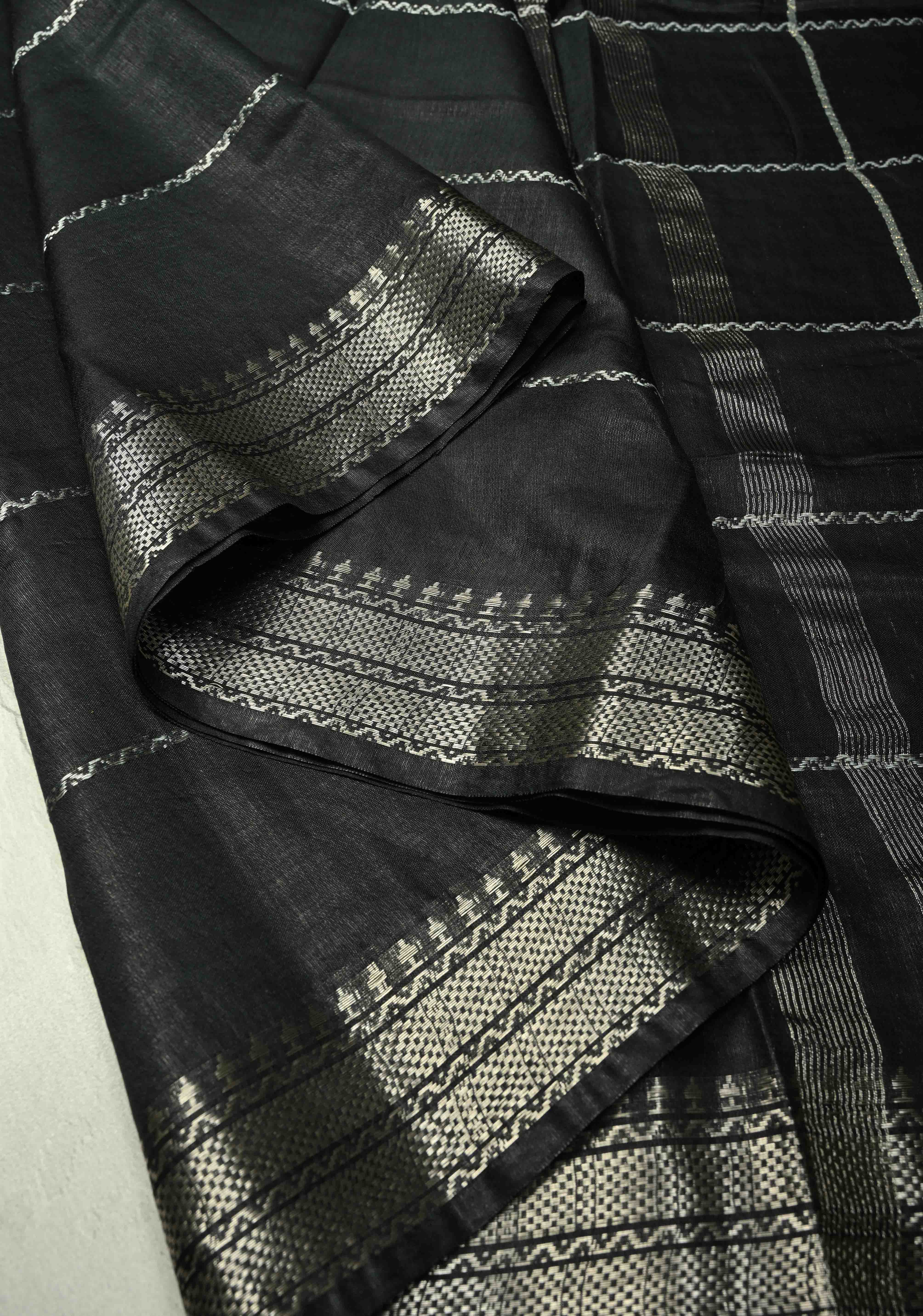 Black Semi Tussar Saree with Veldhari Stripes and Zari Border | Shobitam