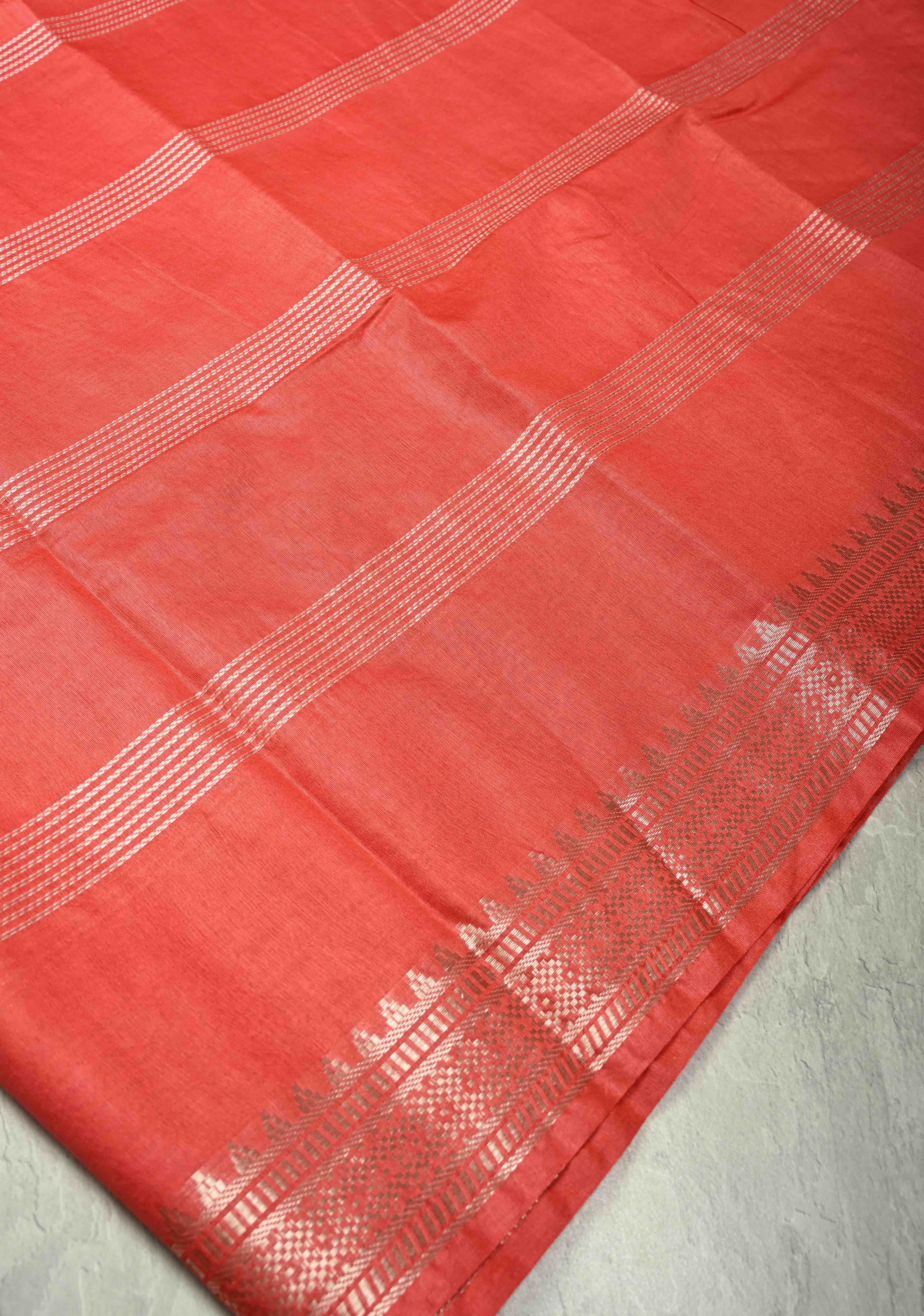 Red Orange Semi Tussar Saree with Thread Stripes and Tepmle Zari Border | Shobitam