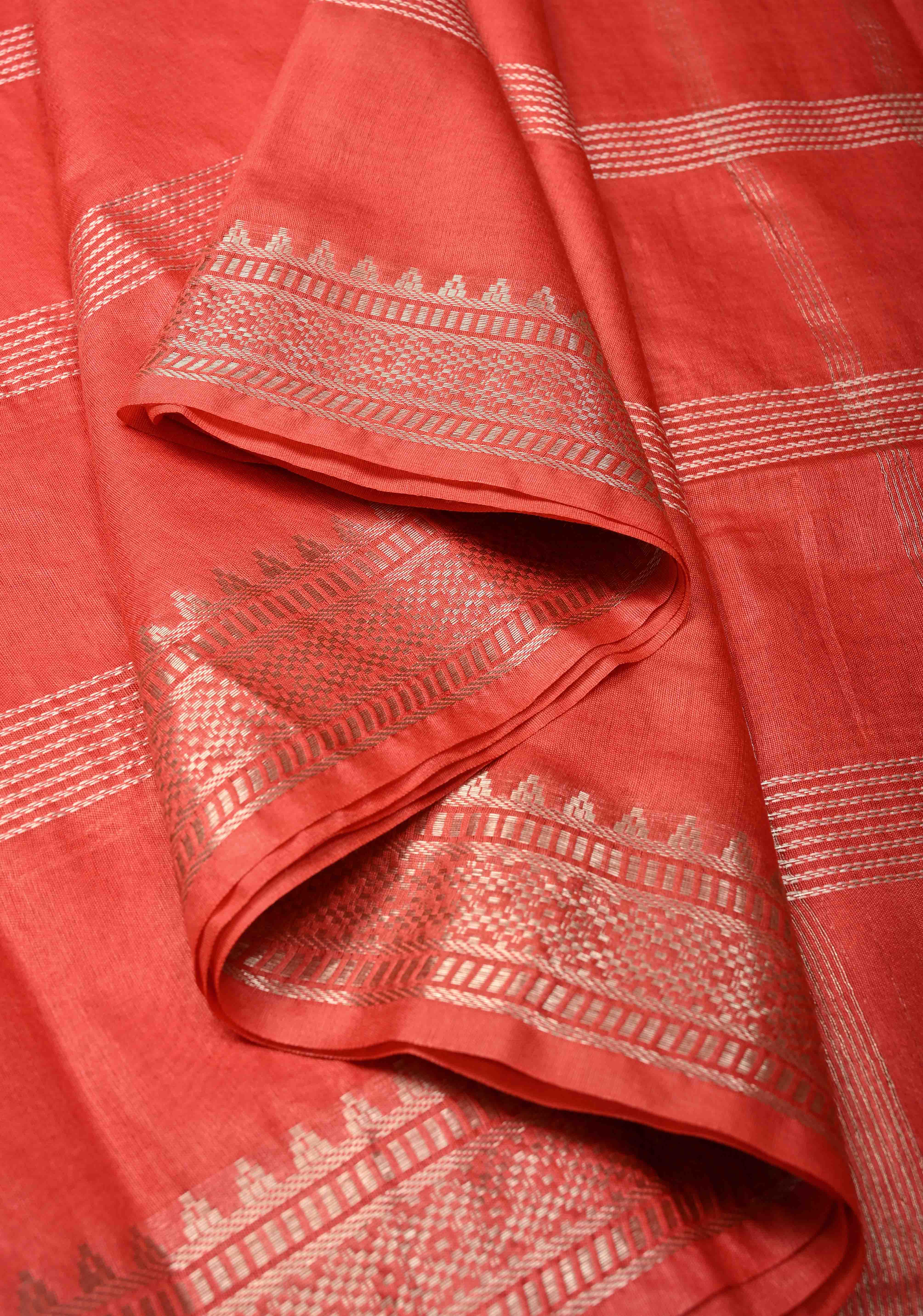 Red Orange Semi Tussar Saree with Thread Stripes and Tepmle Zari Border | Shobitam