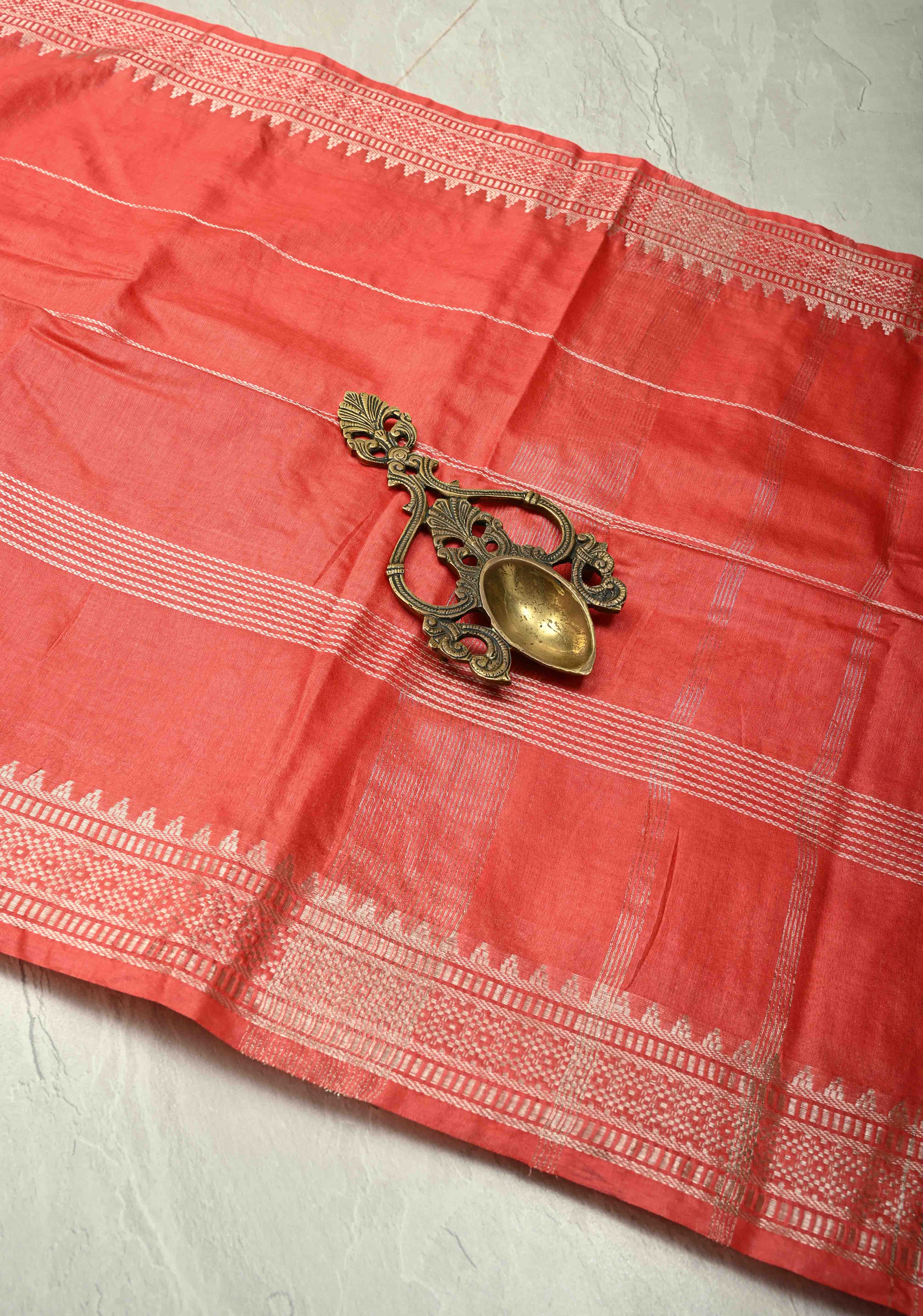 Red Orange Semi Tussar Saree with Thread Stripes and Tepmle Zari Border | Shobitam