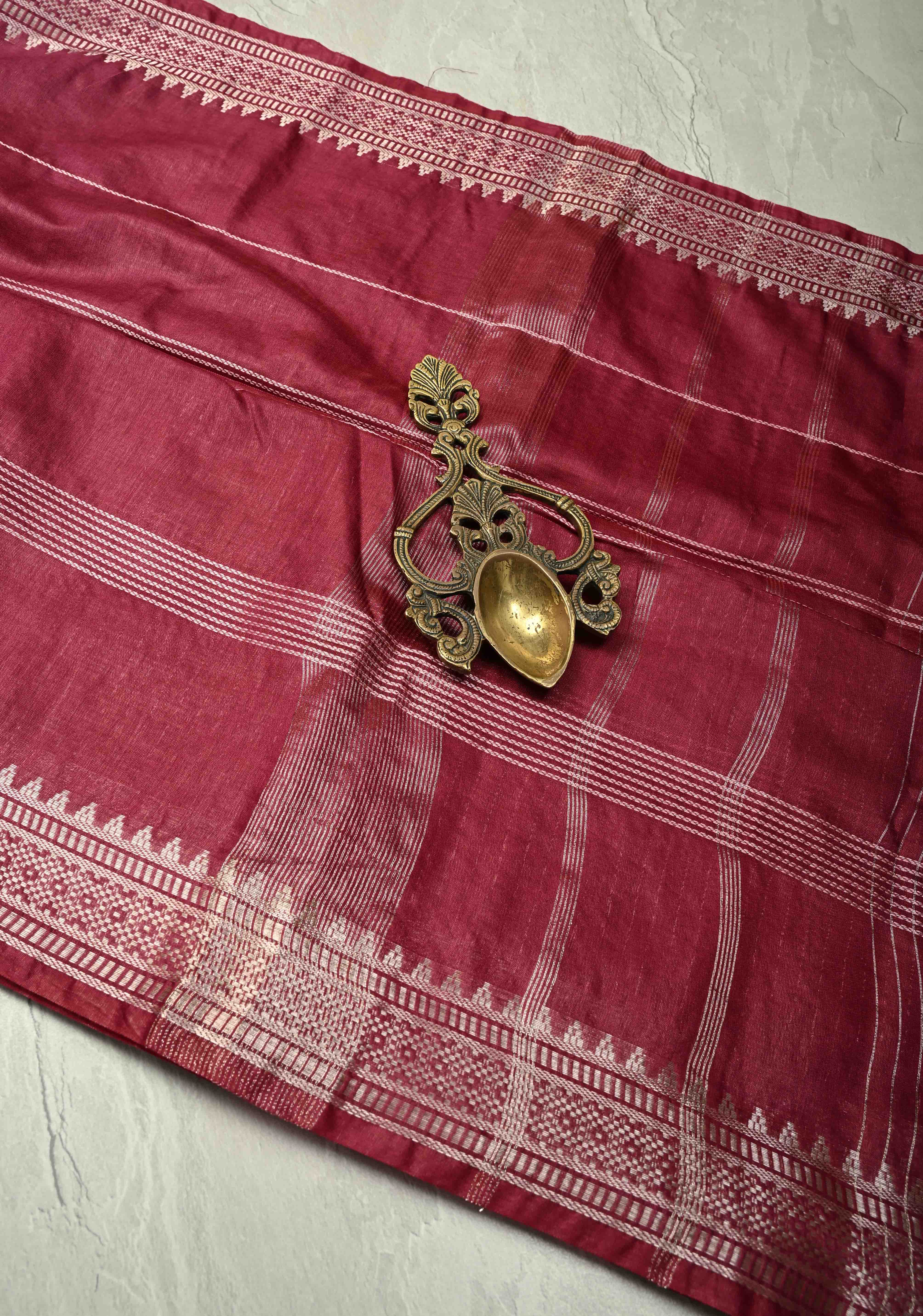 Magenta Semi Tussar Saree with Thread Stripes and Temple Zari Border | Shobitam