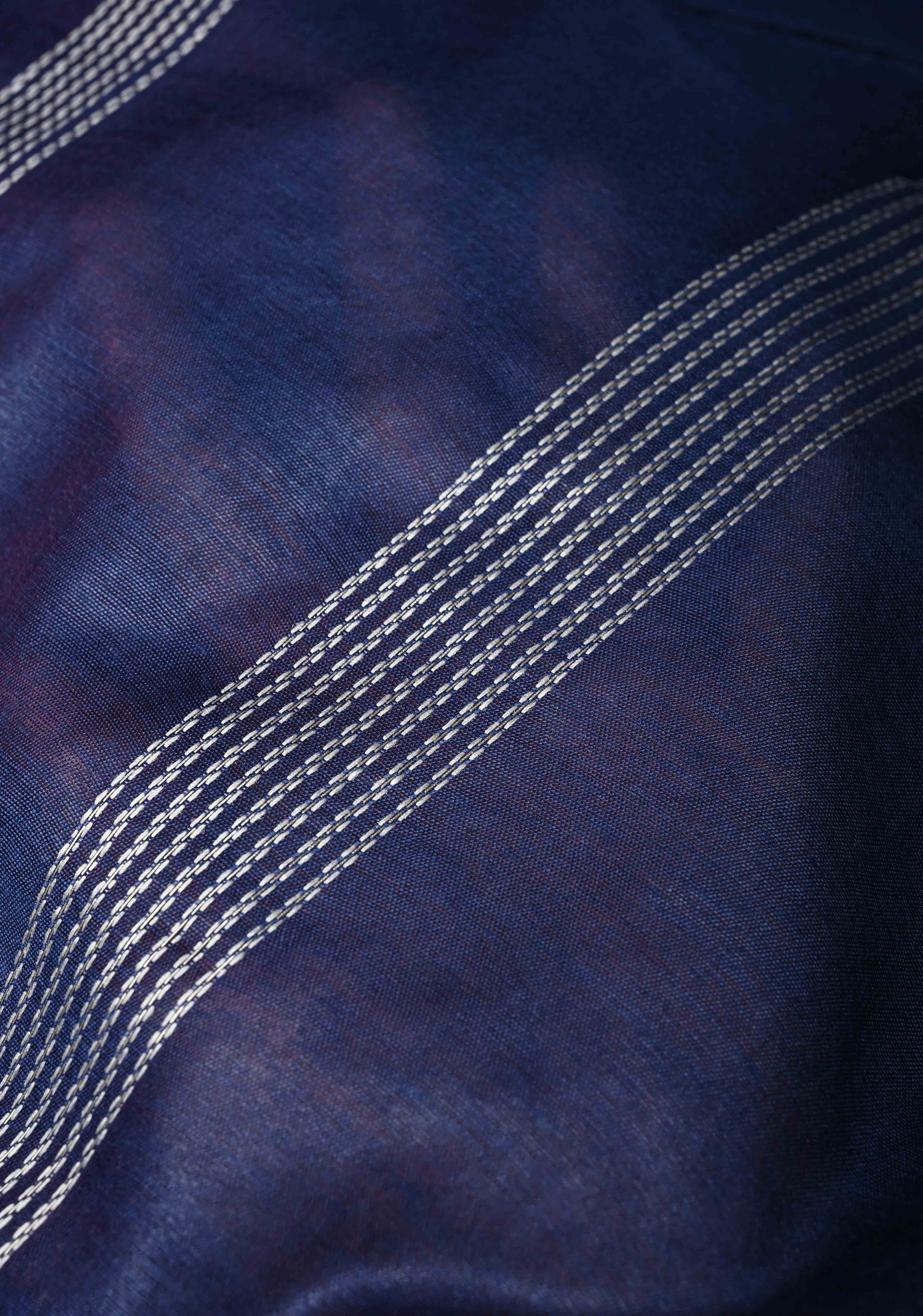 Ink Purple Semi Tussar Saree with Thread Stripes and Zari Border | Shobitam