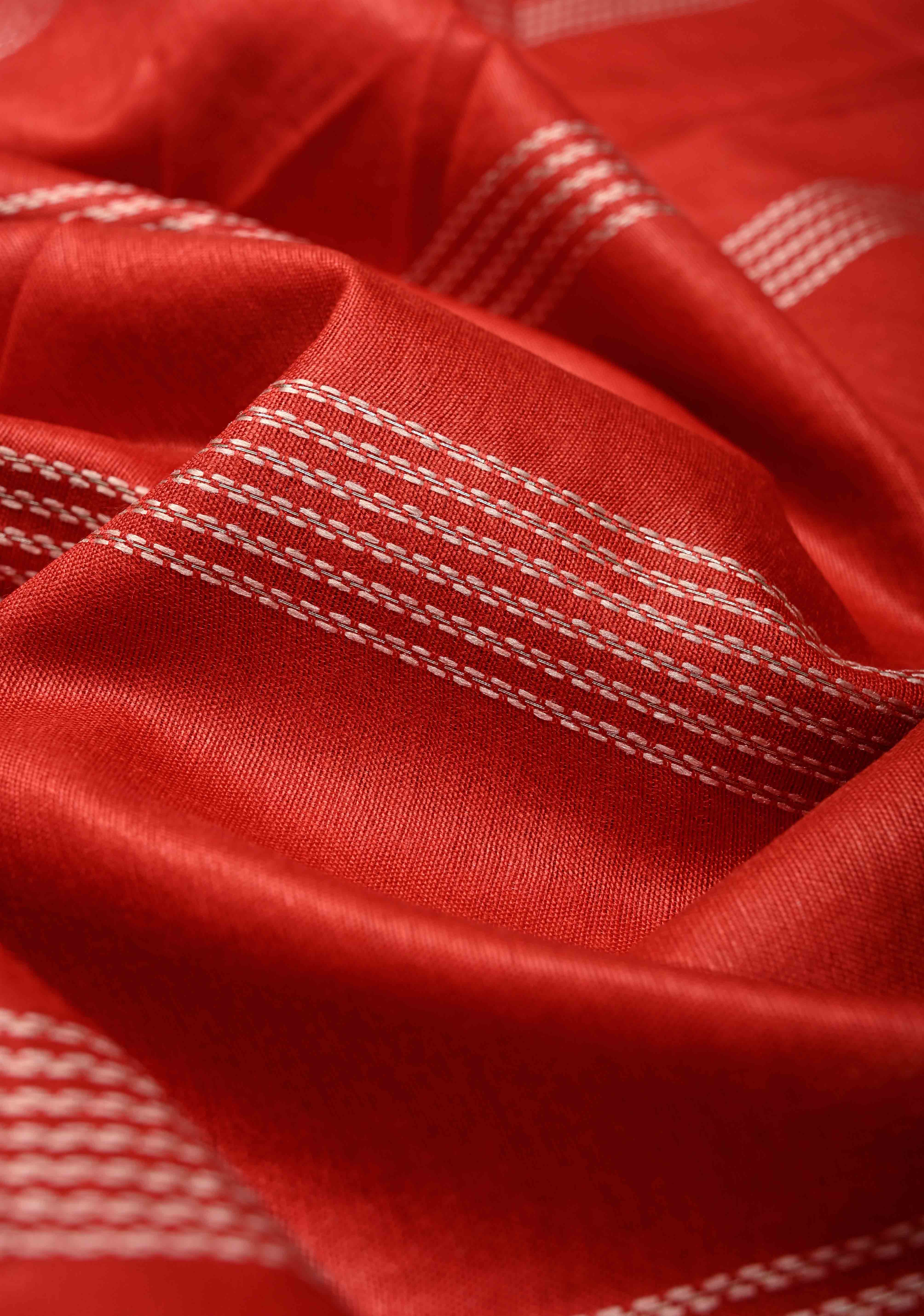 Scarlet Red Semi Tussar Saree with Thread Stripes and Temple Zari Border | Shobitam