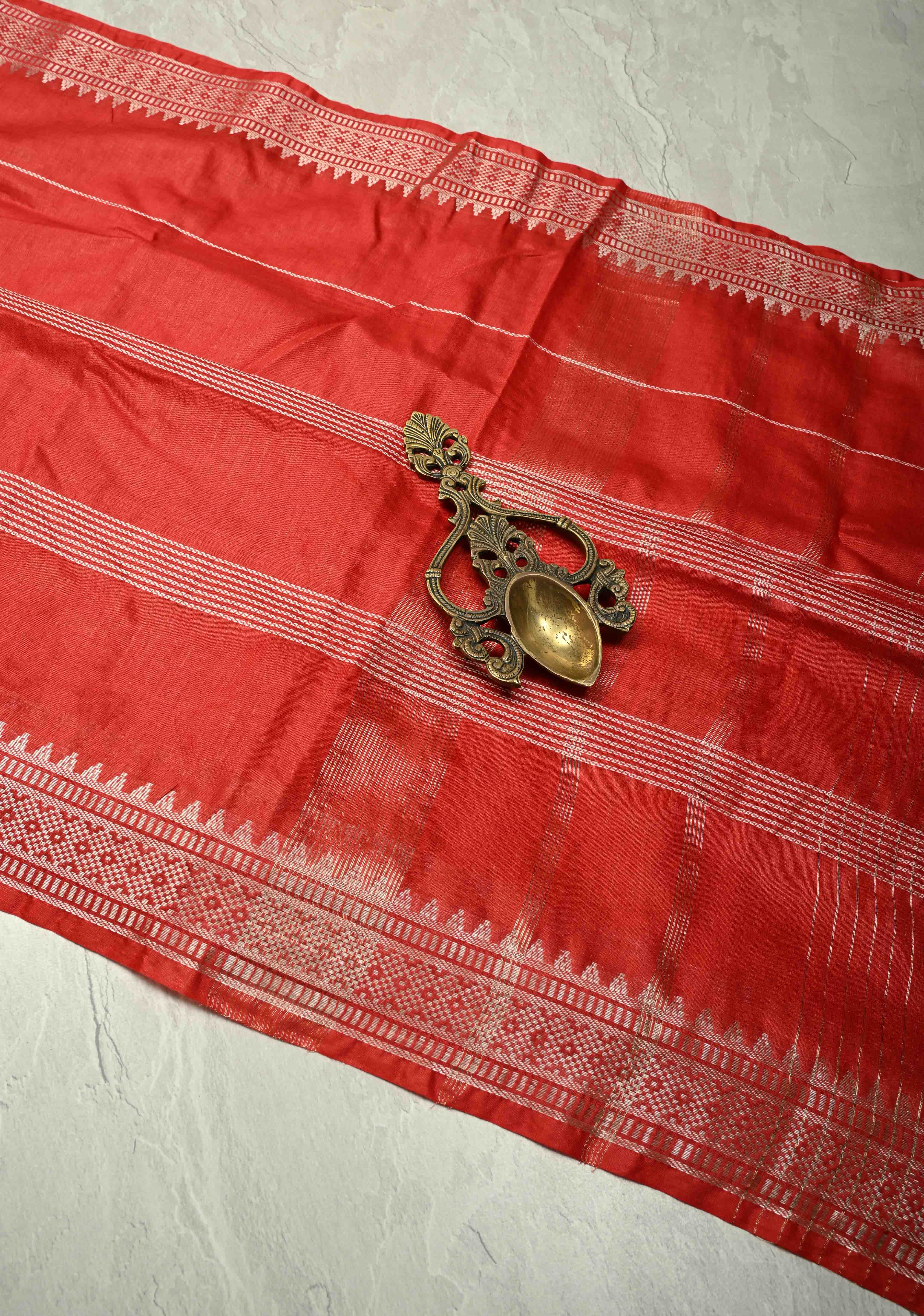 Scarlet Red Semi Tussar Saree with Thread Stripes and Temple Zari Border | Shobitam