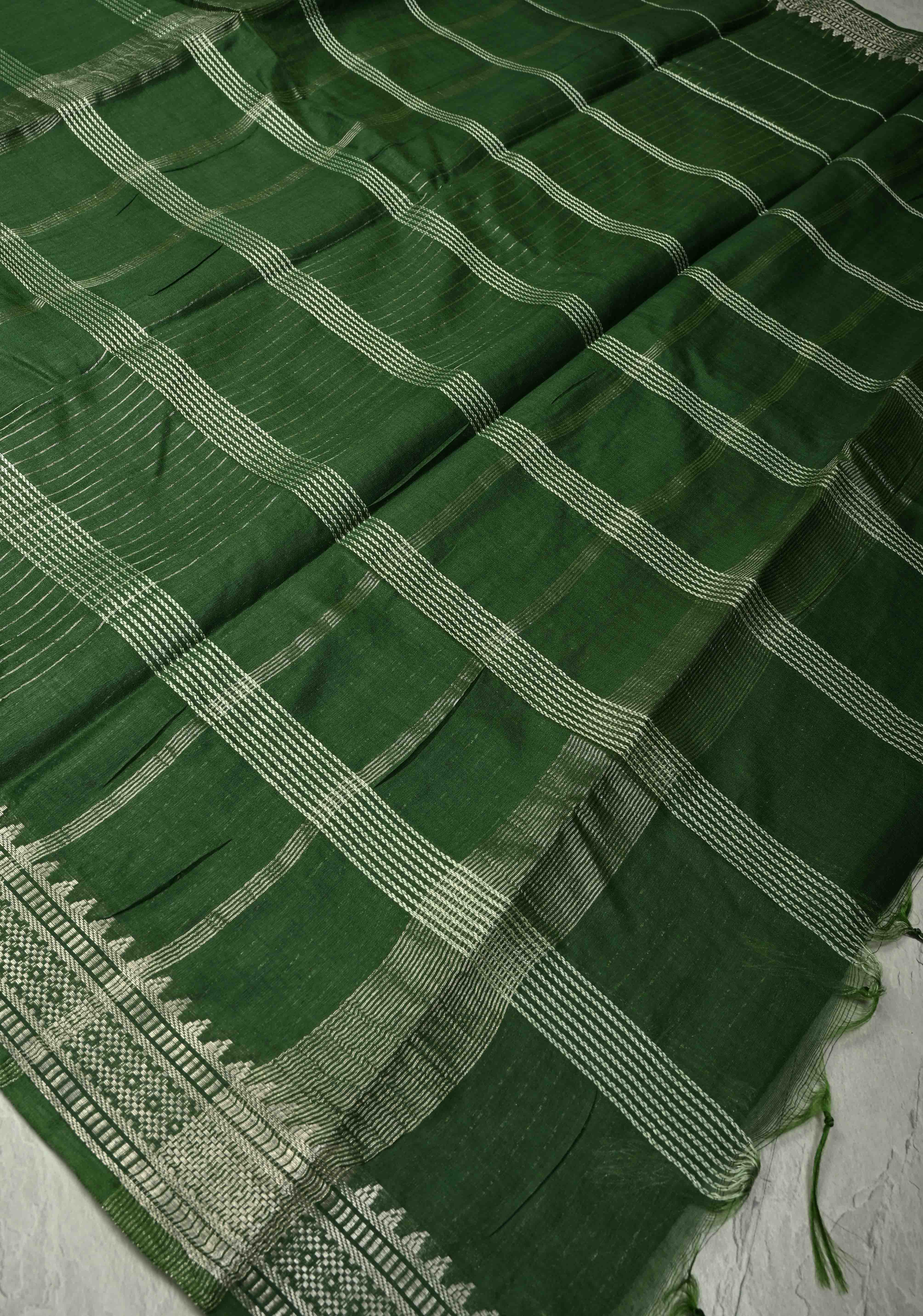 Myrtle Green Semi Tussar Saree with Thread Stripes and Temple Zari Border | Shobitam