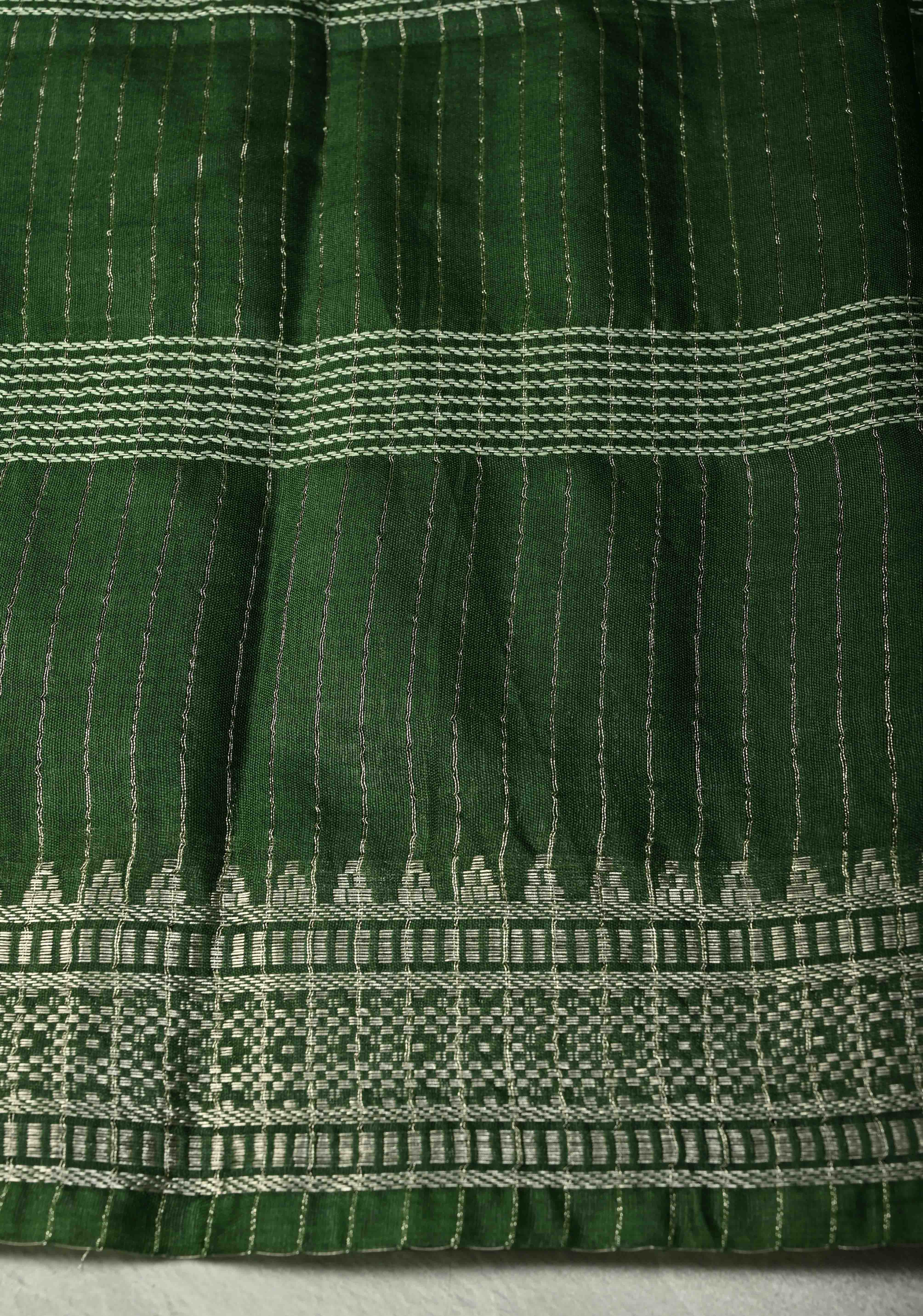 Myrtle Green Semi Tussar Saree with Thread Stripes and Temple Zari Border | Shobitam