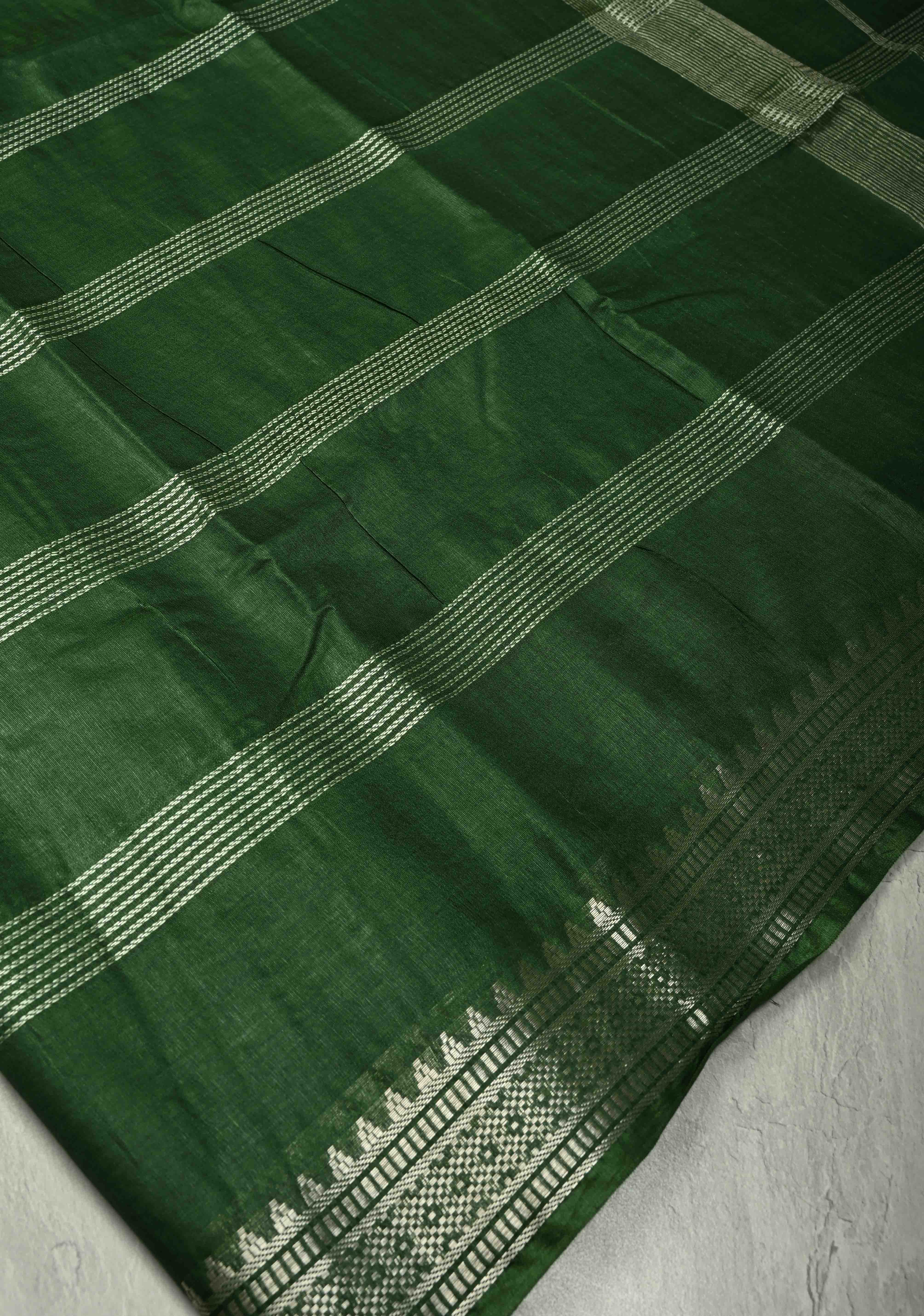 Myrtle Green Semi Tussar Saree with Thread Stripes and Temple Zari Border | Shobitam